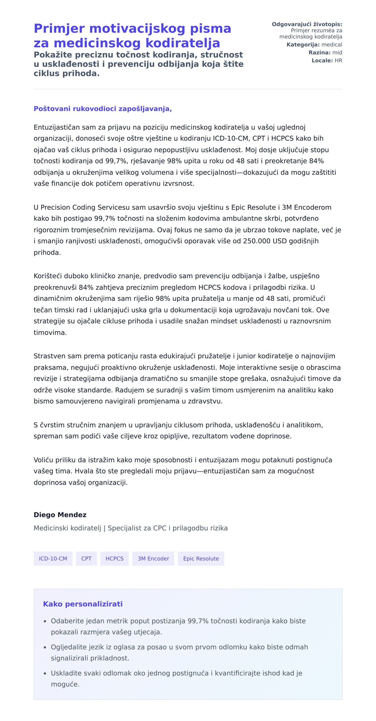 Pregled motivacijskog pisma za Primjer motivacijskog pisma za medicinskog kodiratelja