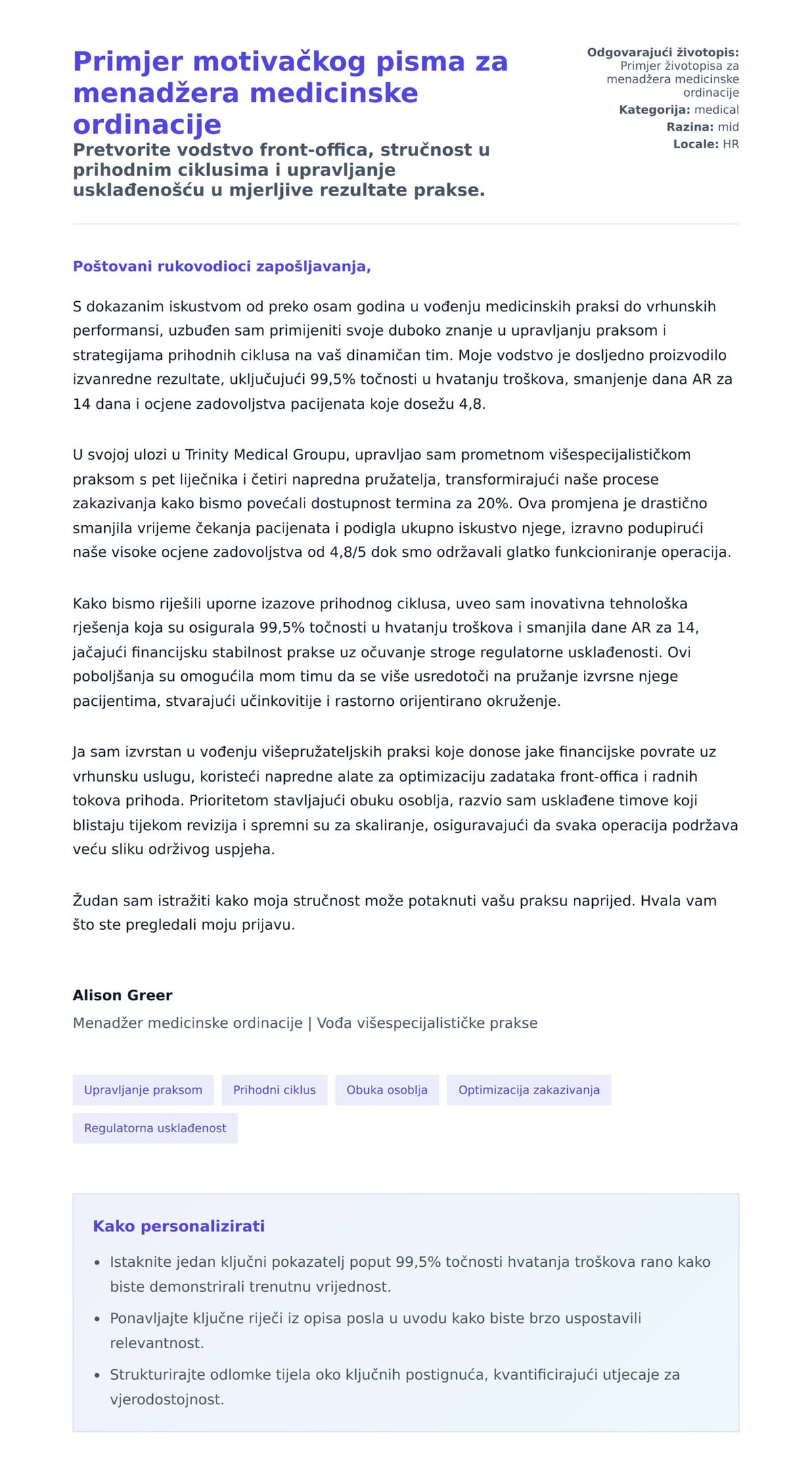 Pregled motivacijskog pisma za Primjer motivačkog pisma za menadžera medicinske ordinacije