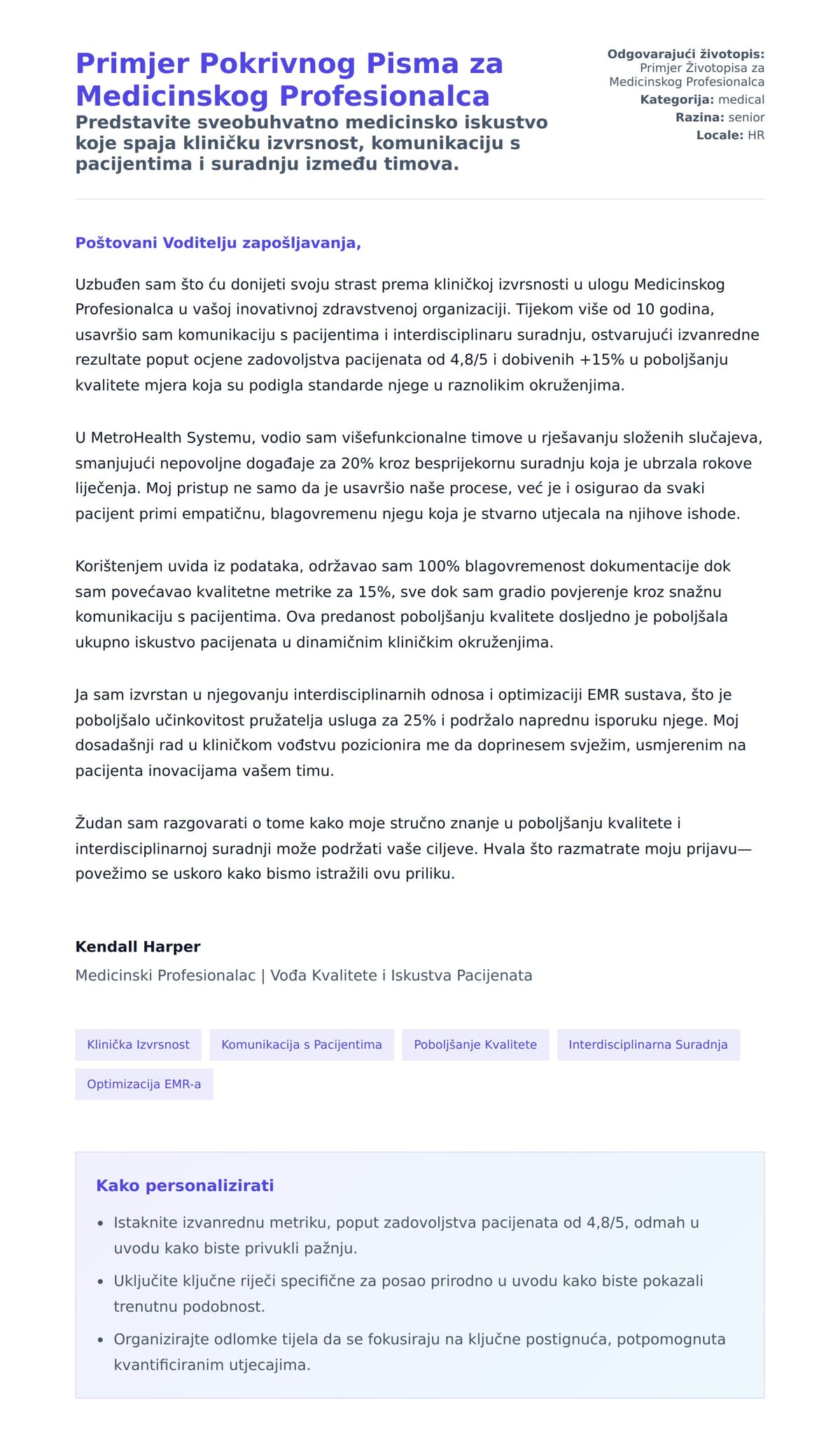 Pregled motivacijskog pisma za Primjer Pokrivnog Pisma za Medicinskog Profesionalca