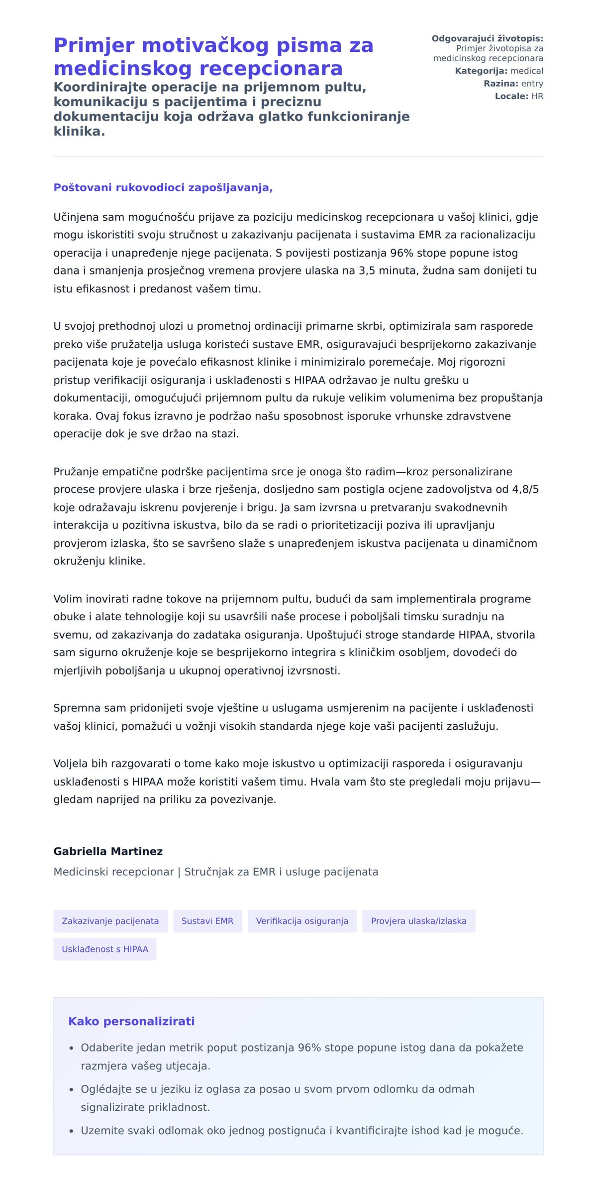 Pregled motivacijskog pisma za Primjer motivačkog pisma za medicinskog recepcionara