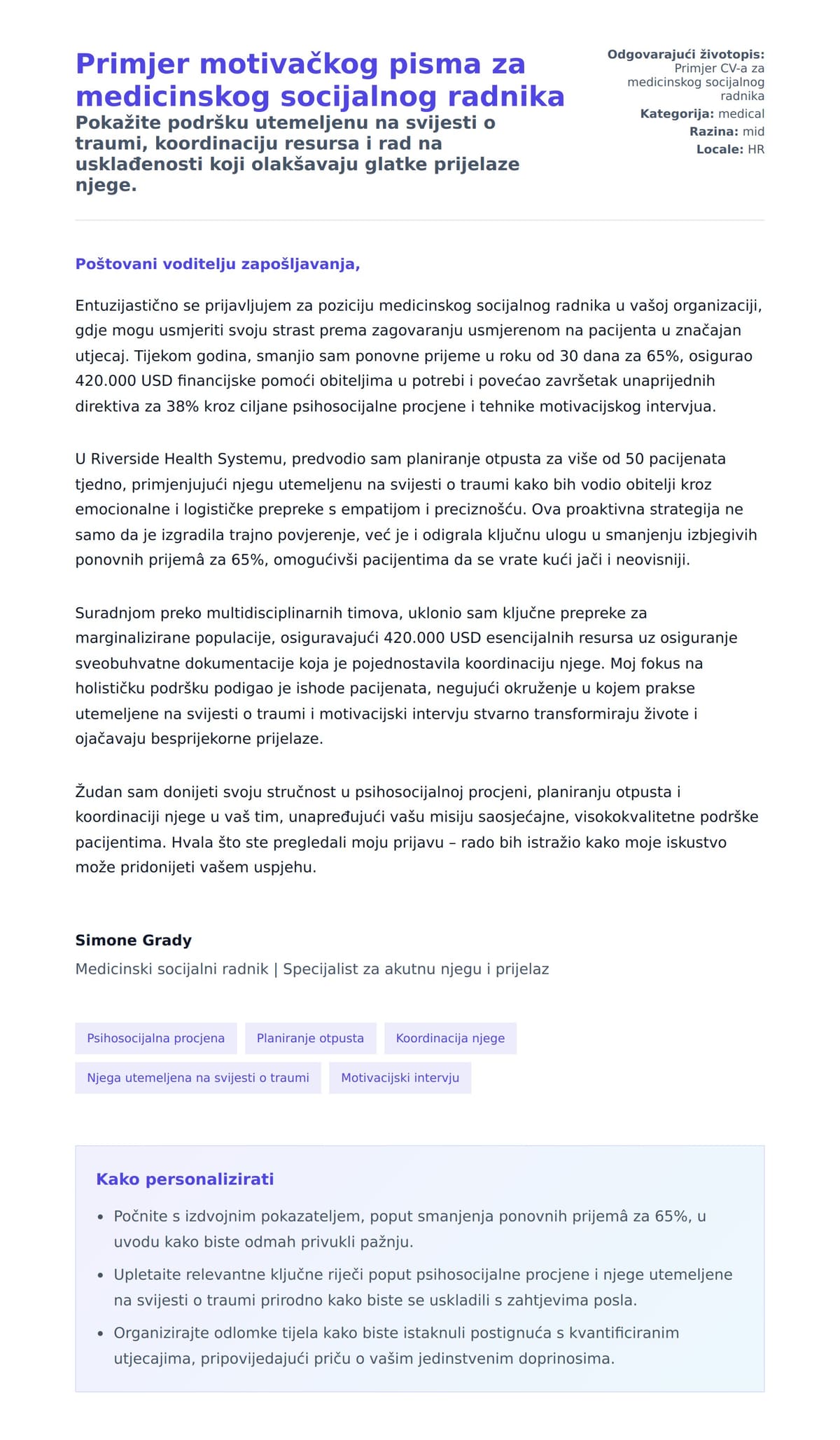 Pregled motivacijskog pisma za Primjer motivačkog pisma za medicinskog socijalnog radnika