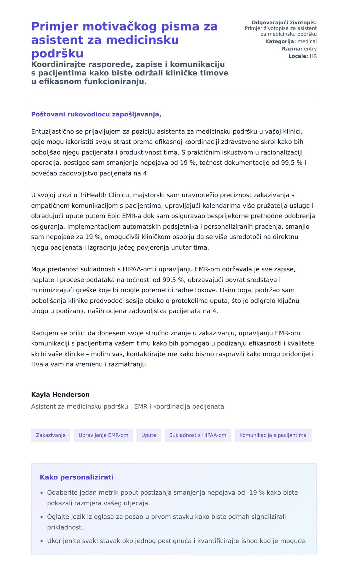 Pregled motivacijskog pisma za Primjer motivačkog pisma za asistent za medicinsku podršku