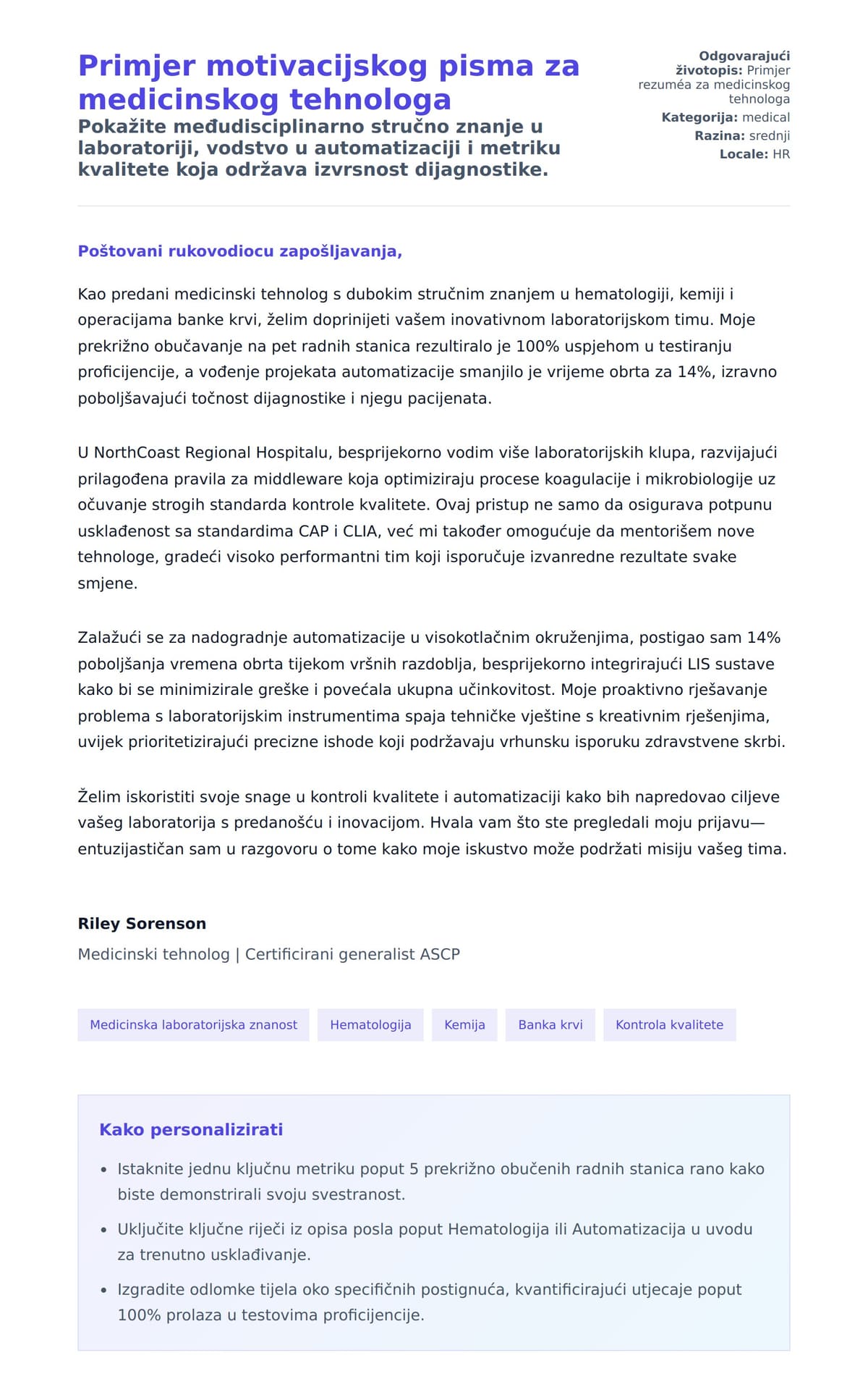 Pregled motivacijskog pisma za Primjer motivacijskog pisma za medicinskog tehnologa