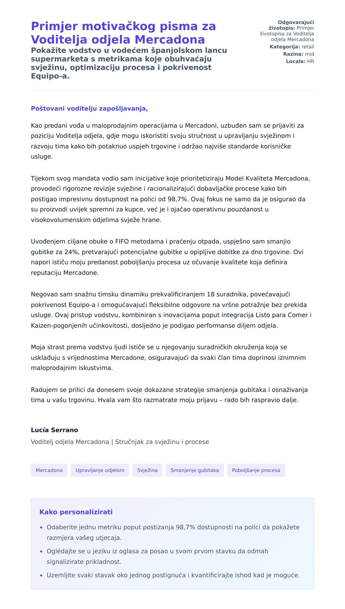 Pregled motivacijskog pisma za Primjer motivačkog pisma za Voditelja odjela Mercadona