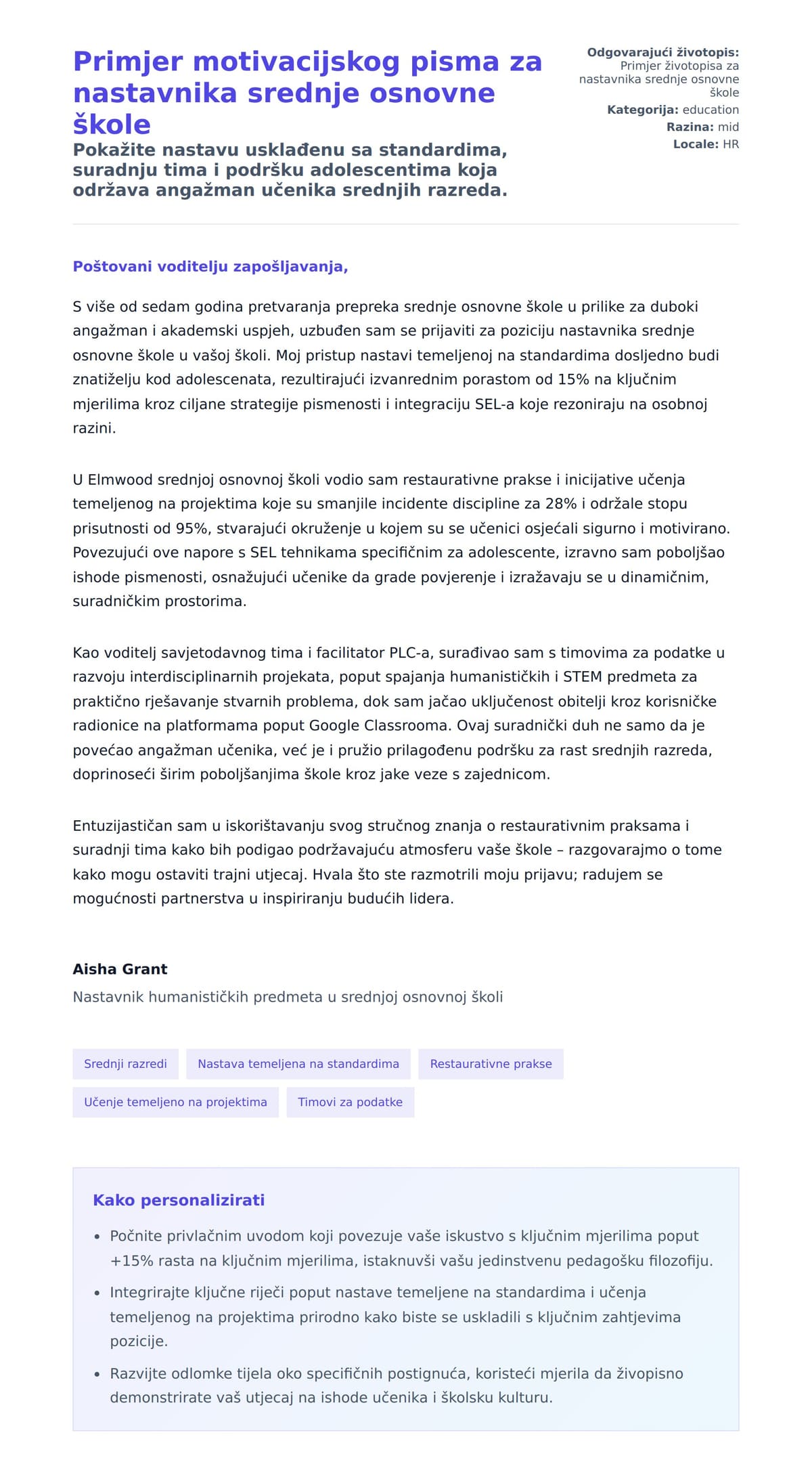 Pregled motivacijskog pisma za Primjer motivacijskog pisma za nastavnika srednje osnovne škole