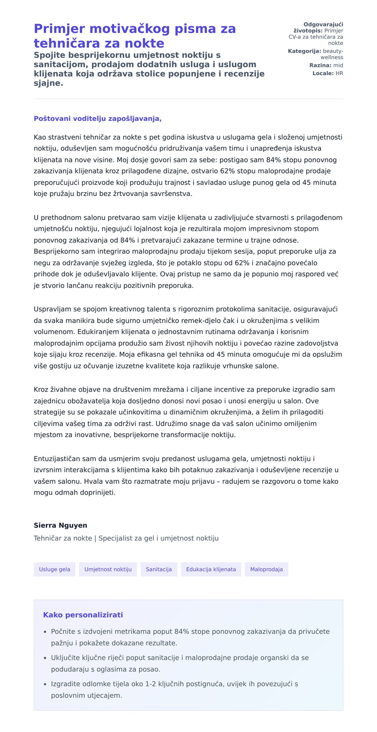 Pregled motivacijskog pisma za Primjer motivačkog pisma za tehničara za nokte