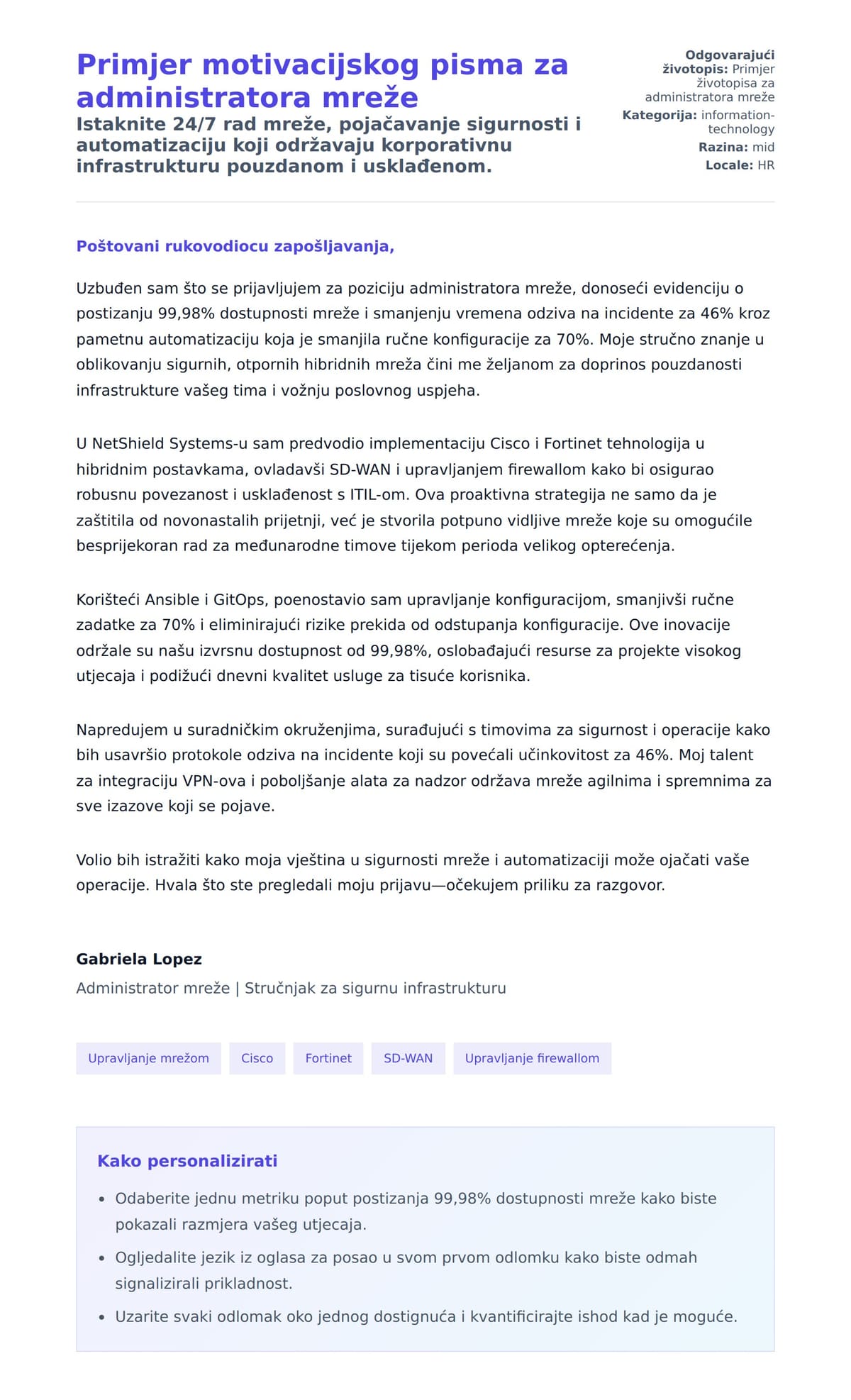 Pregled motivacijskog pisma za Primjer motivacijskog pisma za administratora mreže