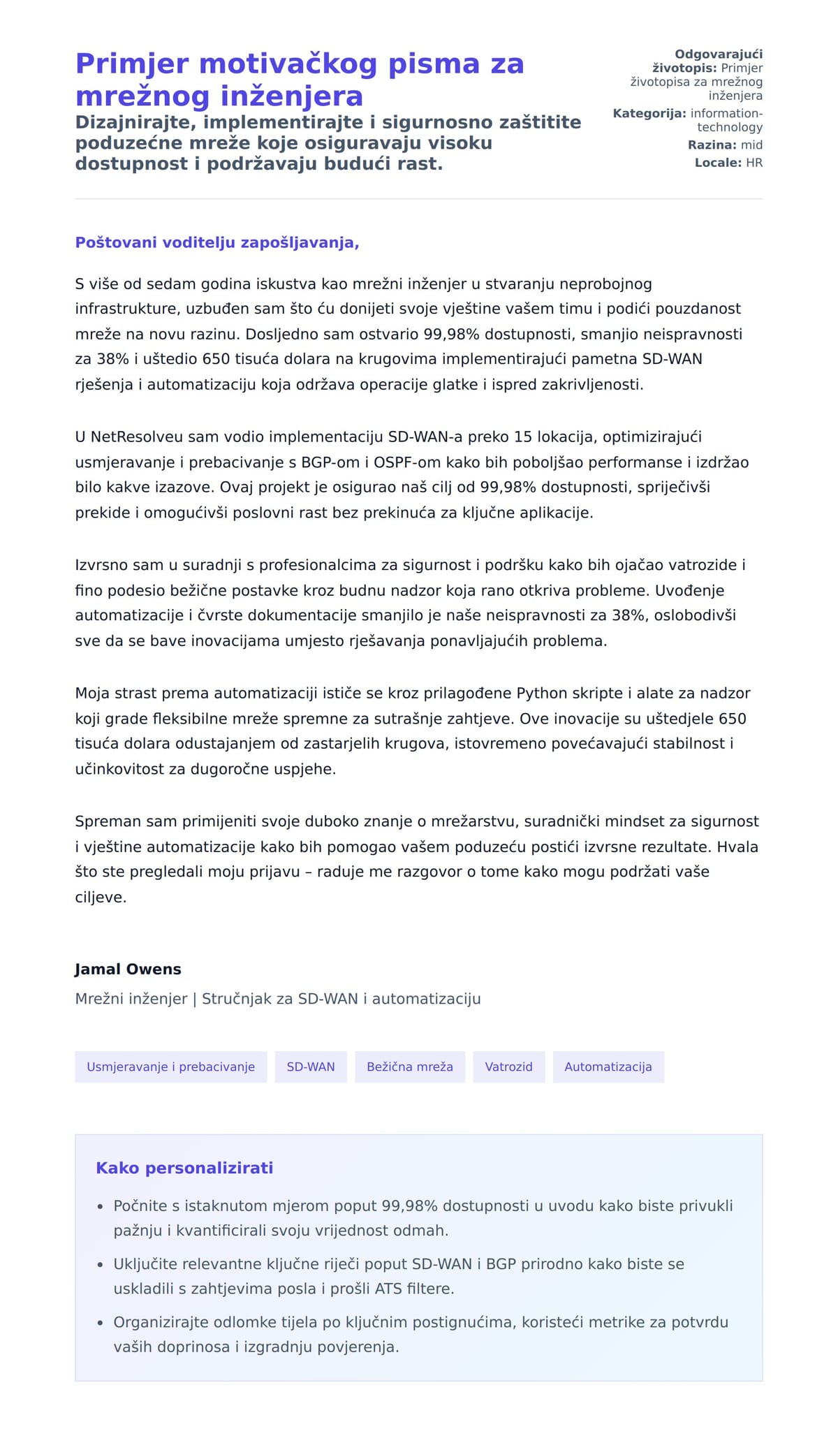 Pregled motivacijskog pisma za Primjer motivačkog pisma za mrežnog inženjera