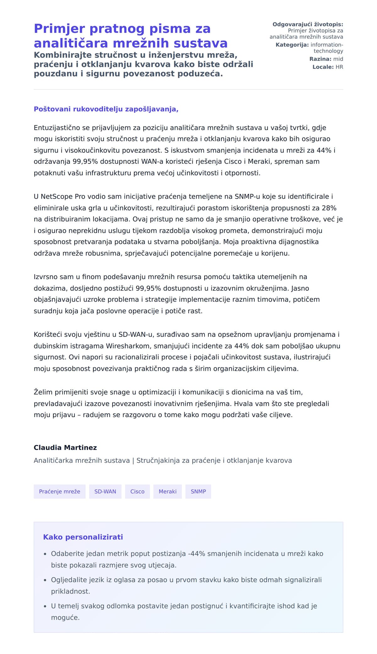 Pregled motivacijskog pisma za Primjer pratnog pisma za analitičara mrežnih sustava