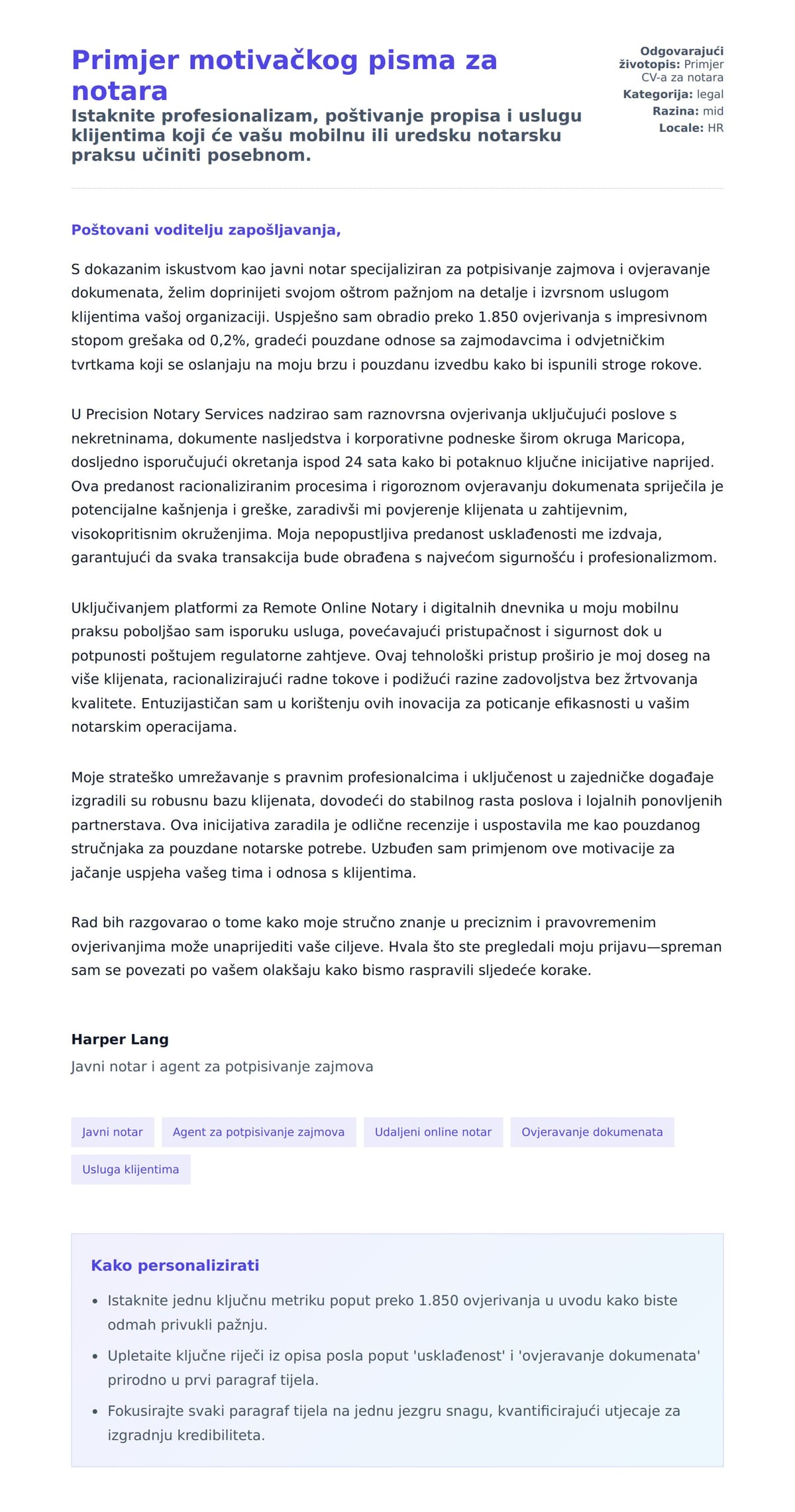 Pregled motivacijskog pisma za Primjer motivačkog pisma za notara