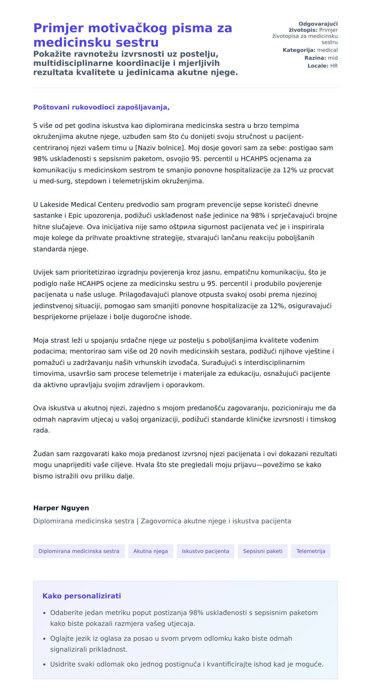 Pregled motivacijskog pisma za Primjer motivačkog pisma za medicinsku sestru