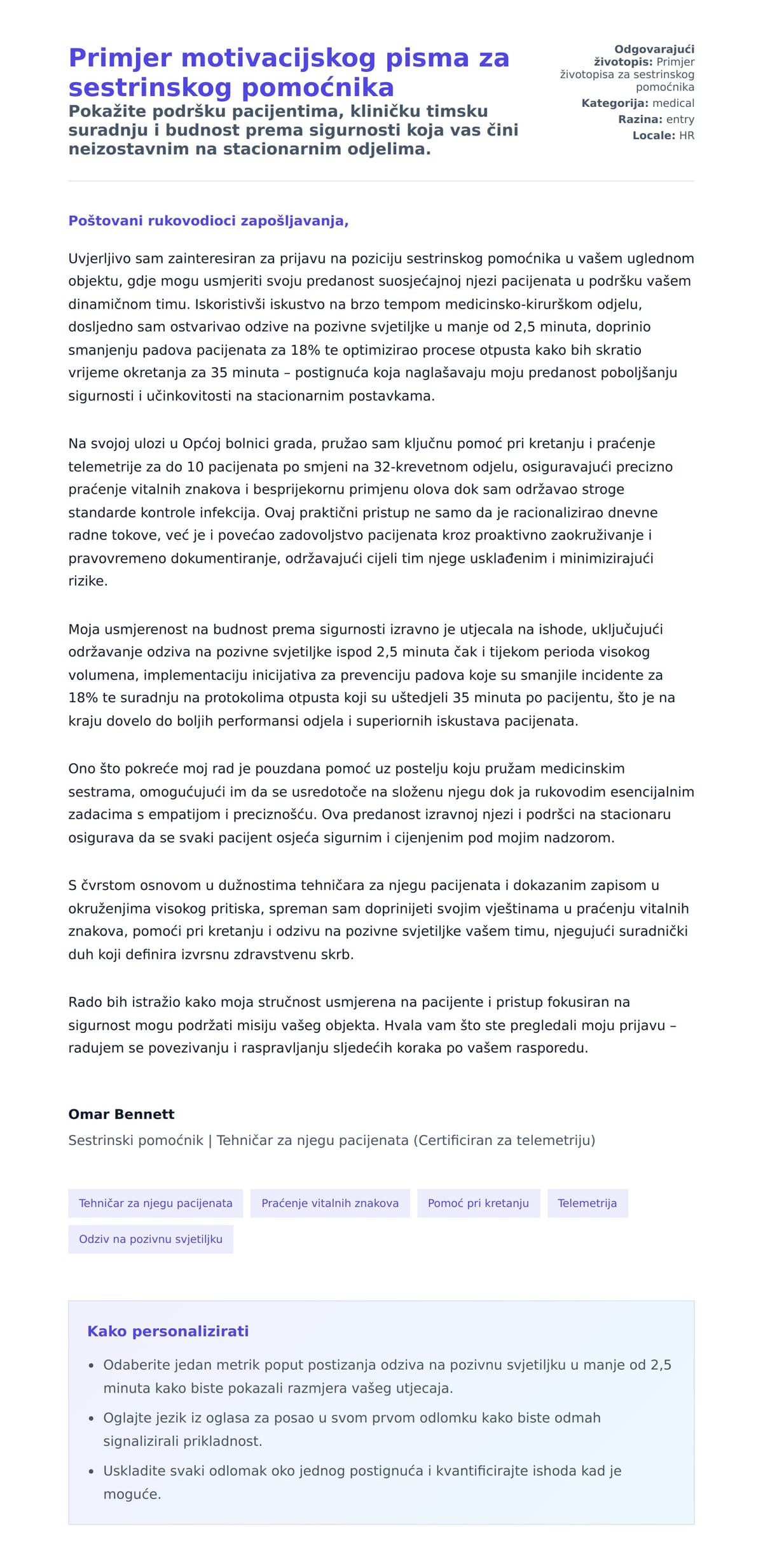 Pregled motivacijskog pisma za Primjer motivacijskog pisma za sestrinskog pomoćnika