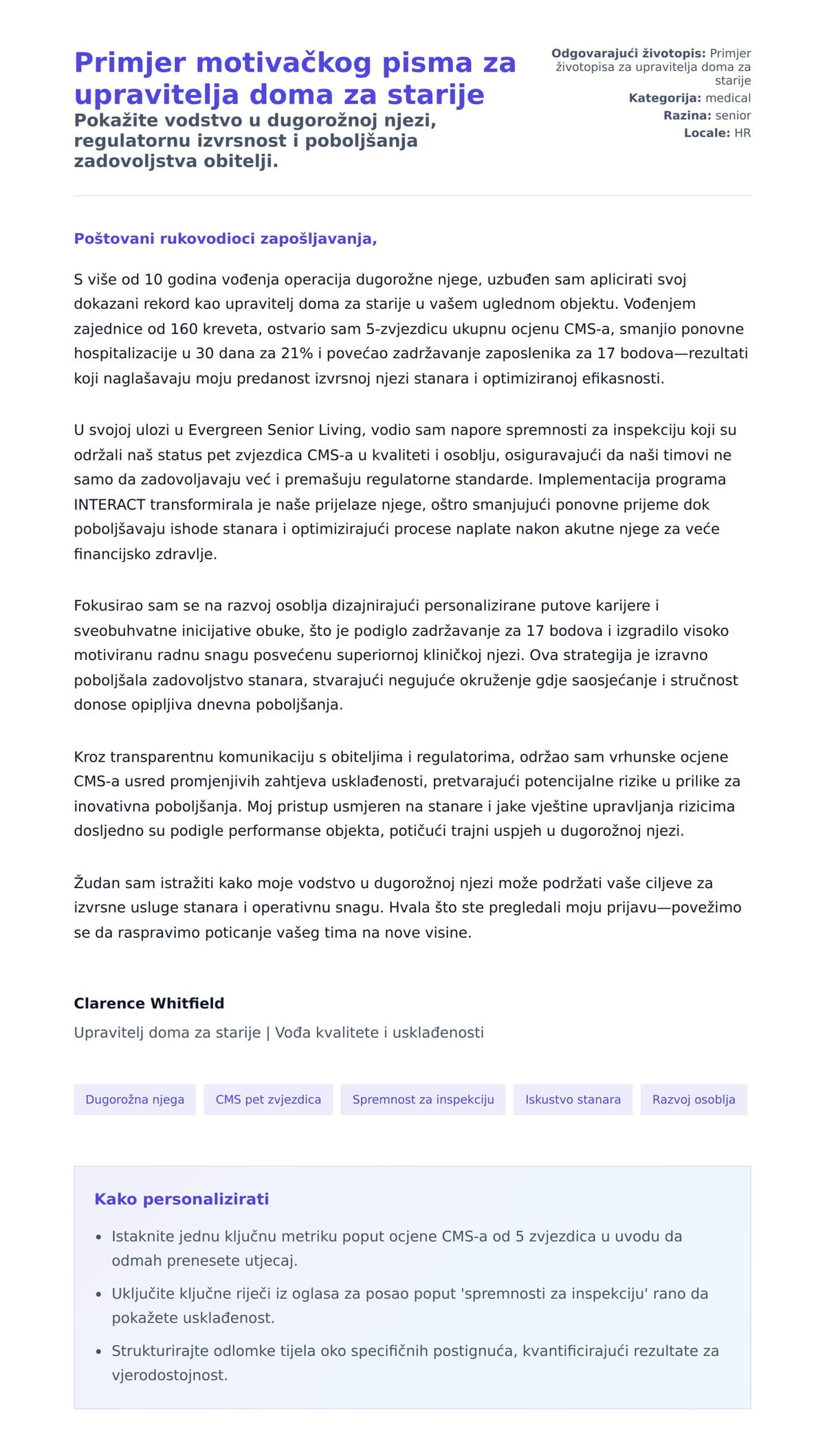 Pregled motivacijskog pisma za Primjer motivačkog pisma za upravitelja doma za starije
