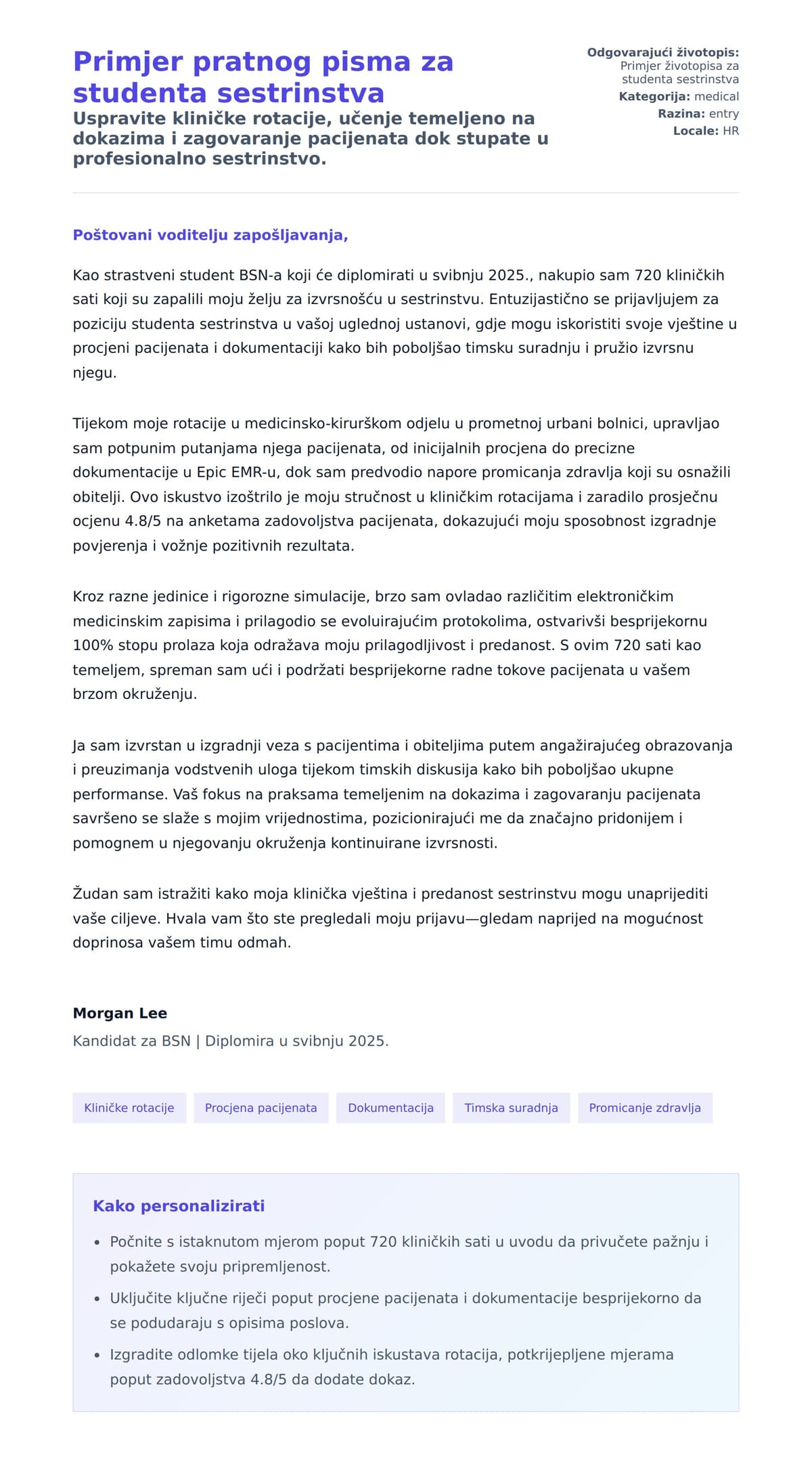 Pregled motivacijskog pisma za Primjer pratnog pisma za studenta sestrinstva