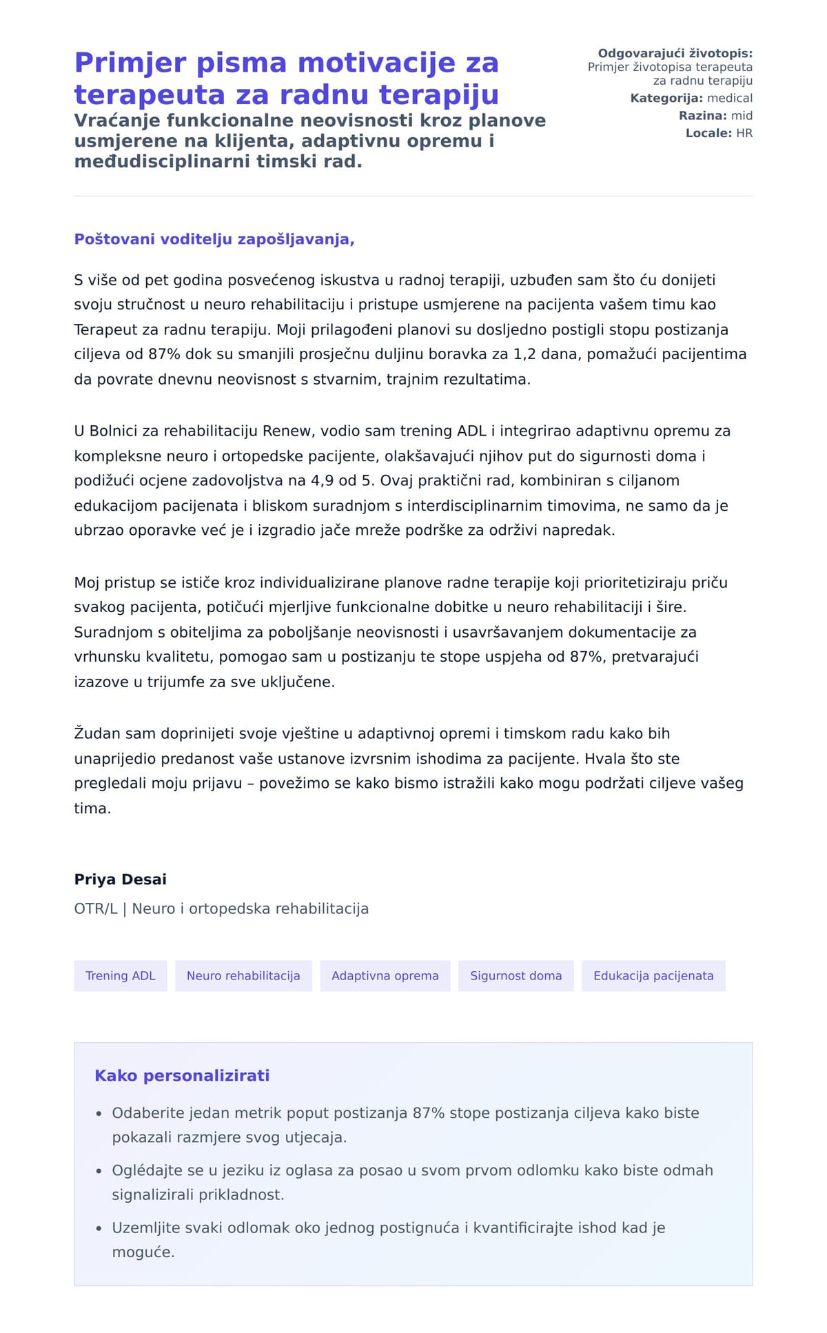 Pregled motivacijskog pisma za Primjer pisma motivacije za terapeuta za radnu terapiju