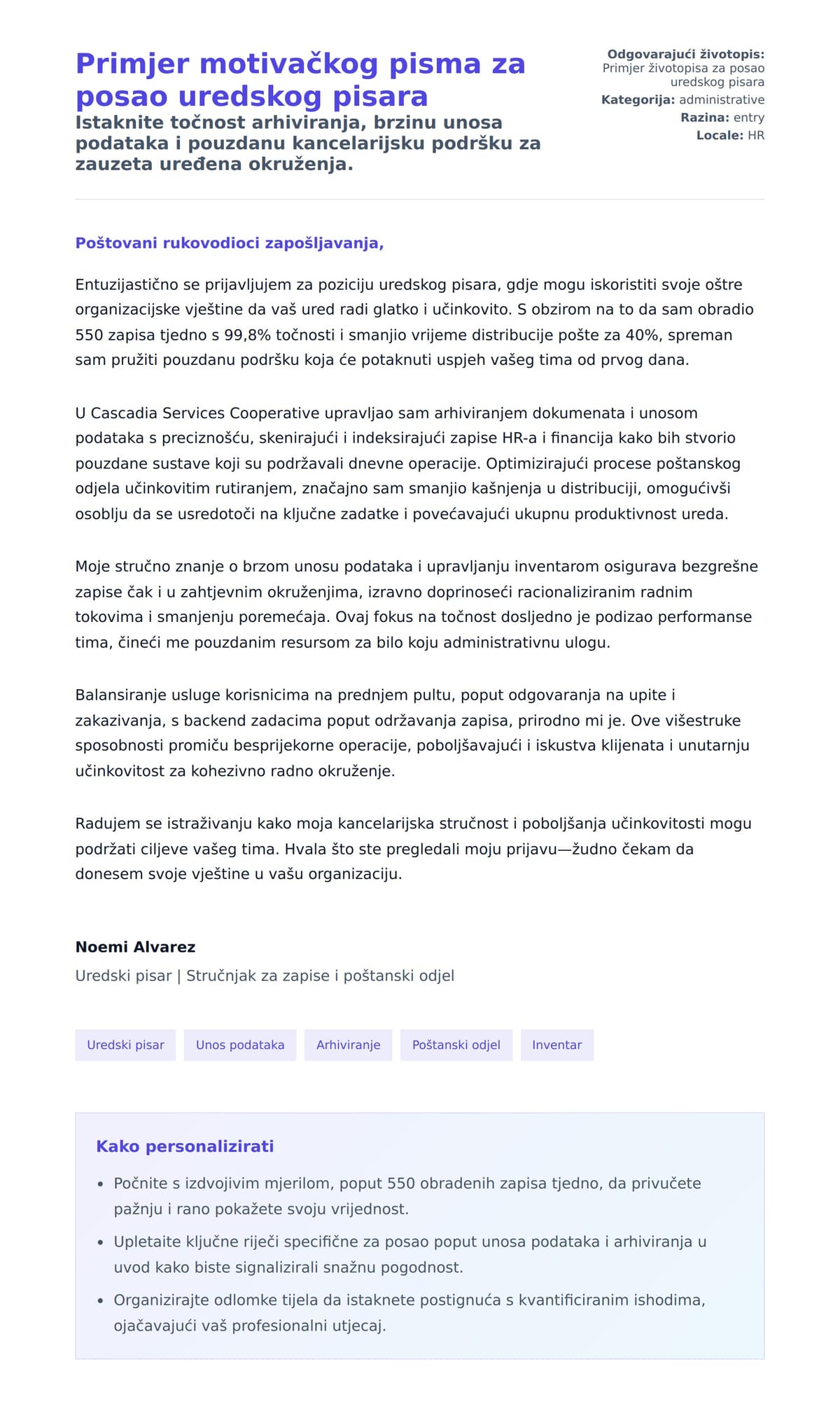 Pregled motivacijskog pisma za Primjer motivačkog pisma za posao uredskog pisara