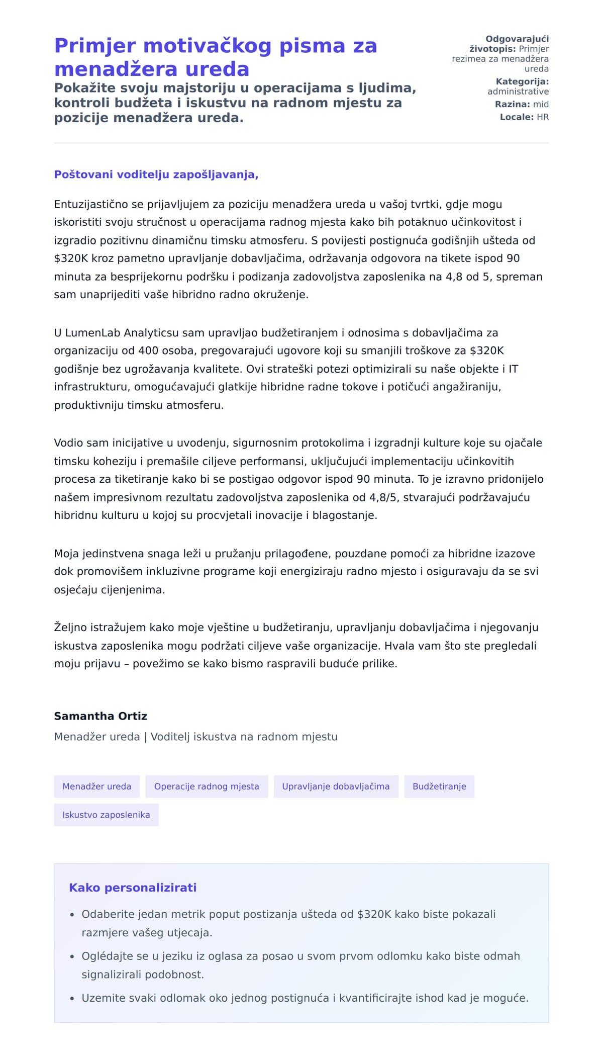 Pregled motivacijskog pisma za Primjer motivačkog pisma za menadžera ureda