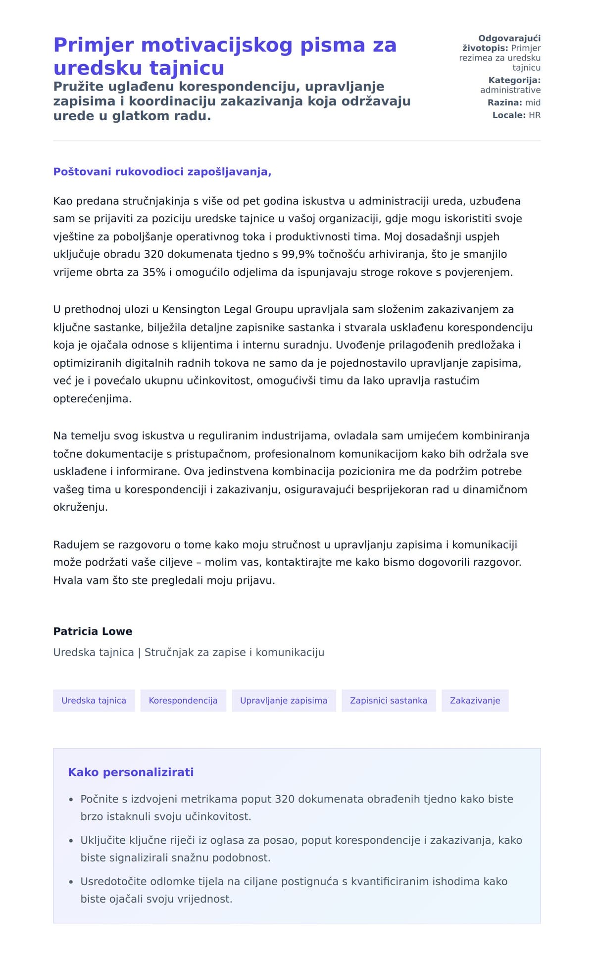 Primjer motivacijskog pisma za uredsku tajnicu