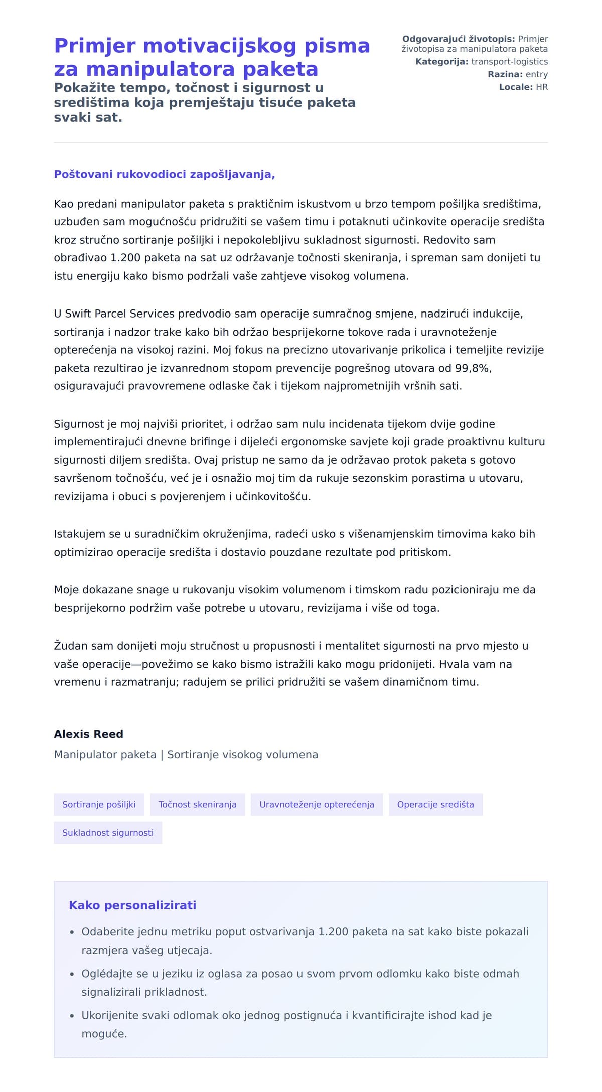 Pregled motivacijskog pisma za Primjer motivacijskog pisma za manipulatora paketa