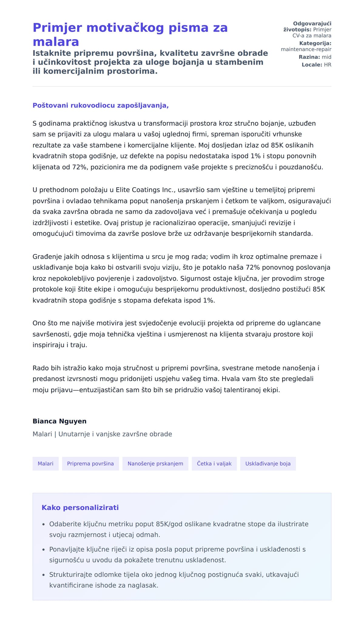 Pregled motivacijskog pisma za Primjer motivačkog pisma za malara