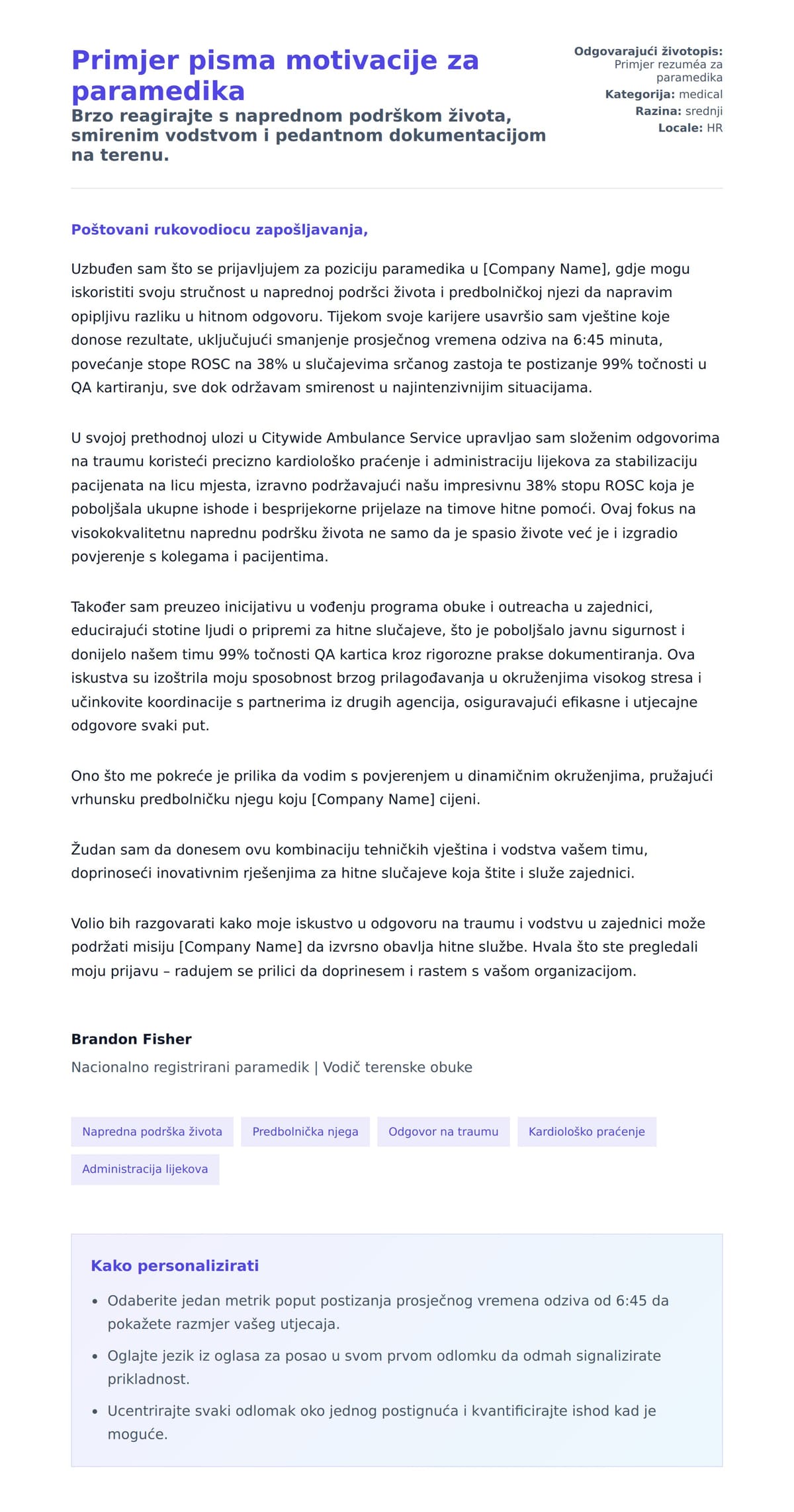 Pregled motivacijskog pisma za Primjer pisma motivacije za paramedika