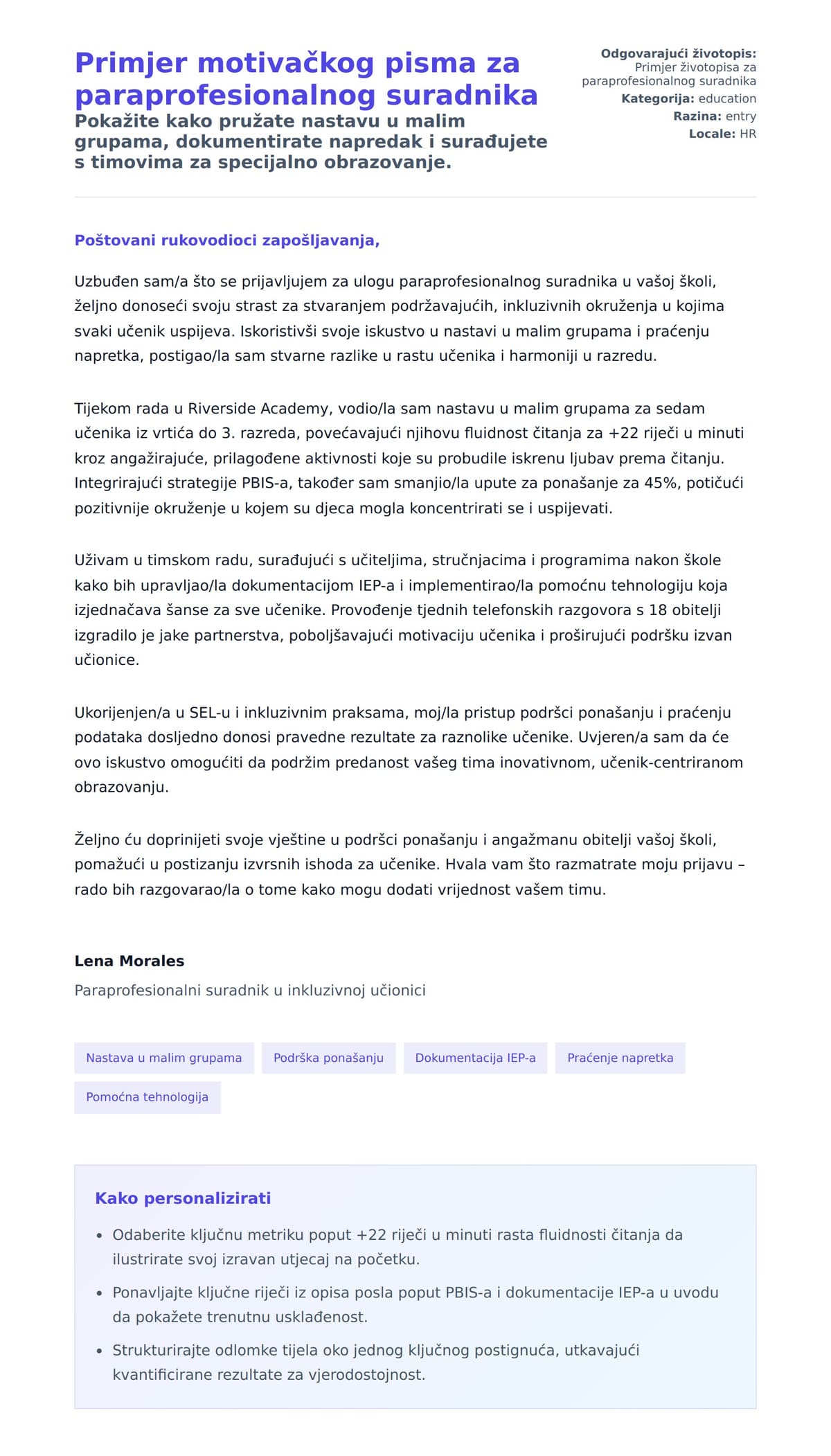 Pregled motivacijskog pisma za Primjer motivačkog pisma za paraprofesionalnog suradnika