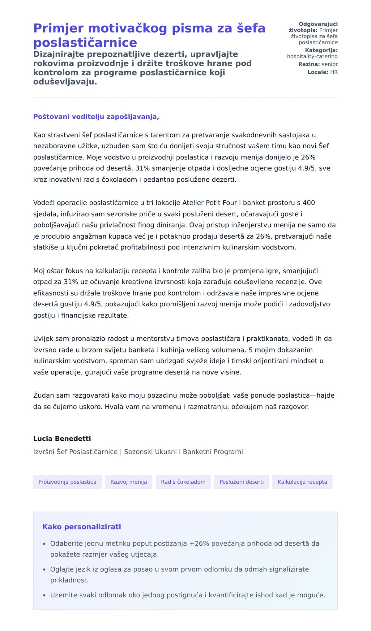 Pregled motivacijskog pisma za Primjer motivačkog pisma za šefa poslastičarnice