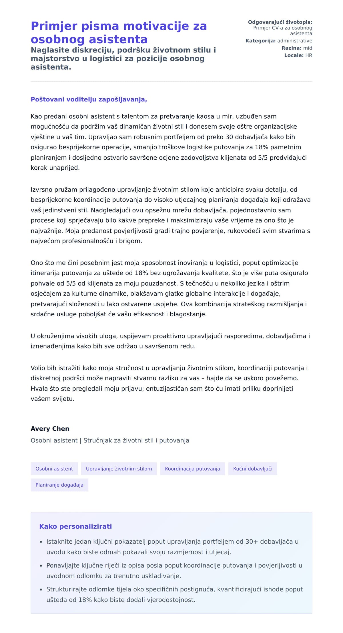 Pregled motivacijskog pisma za Primjer pisma motivacije za osobnog asistenta
