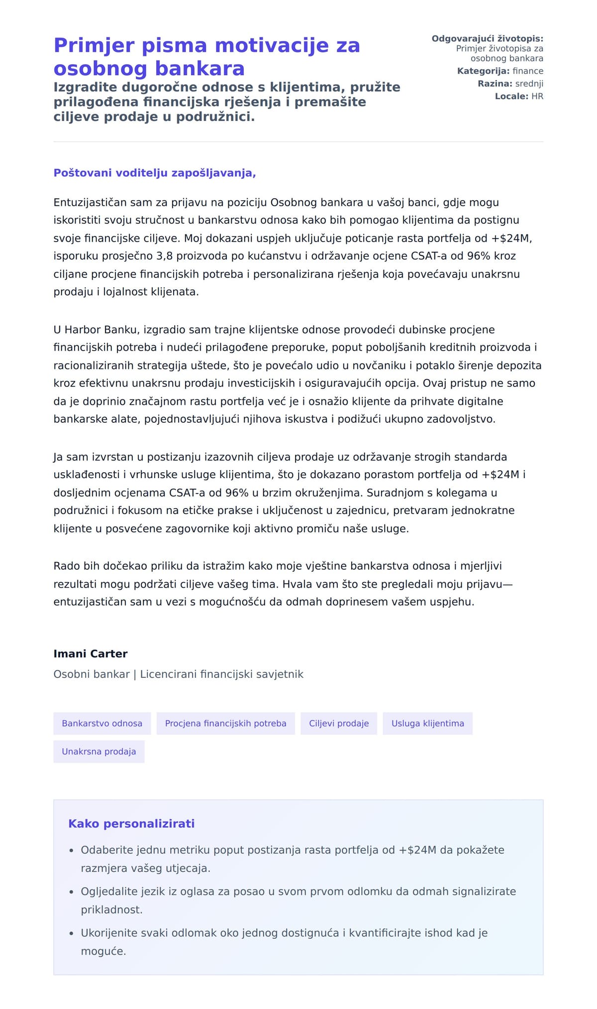 Pregled motivacijskog pisma za Primjer pisma motivacije za osobnog bankara