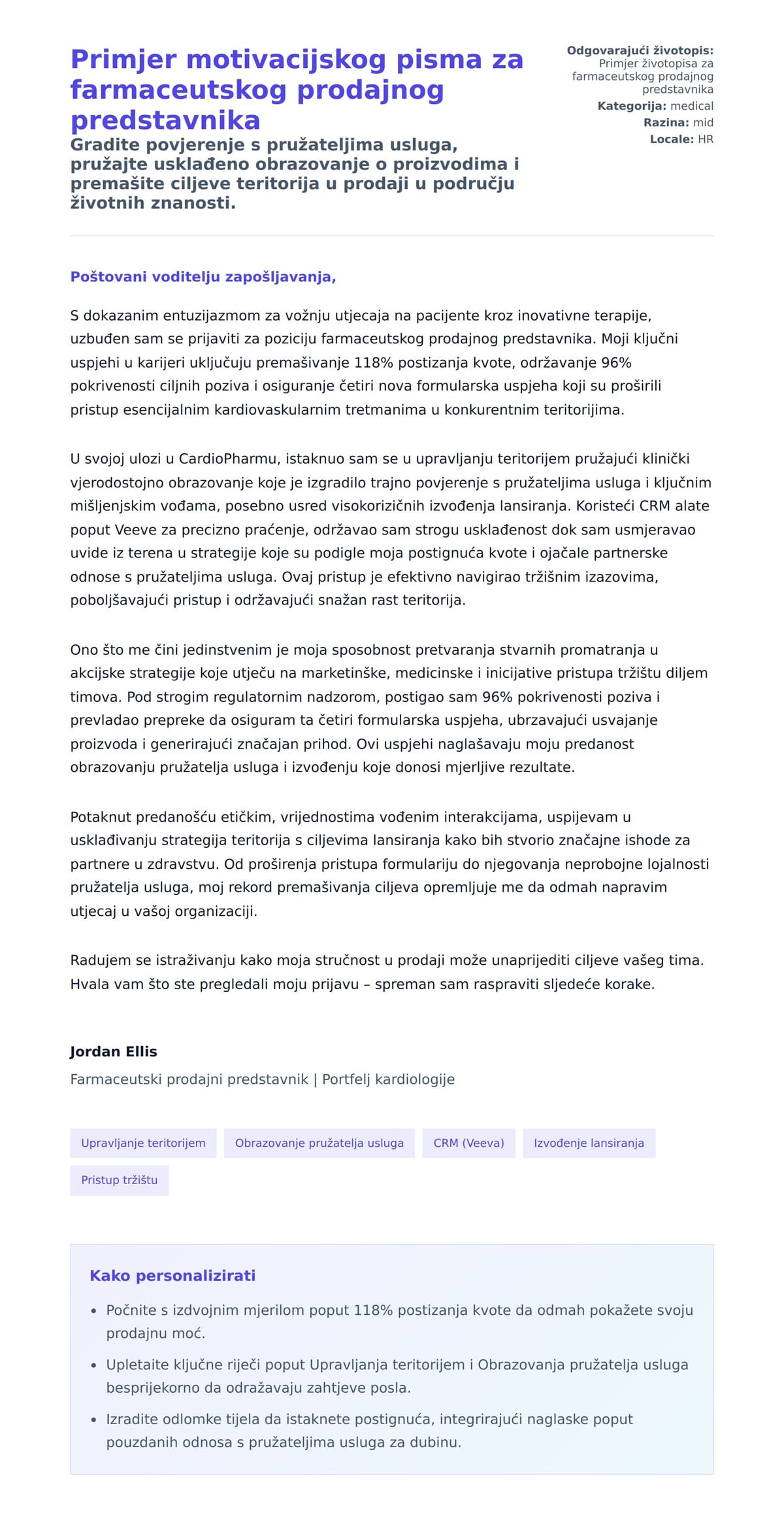 Pregled motivacijskog pisma za Primjer motivacijskog pisma za farmaceutskog prodajnog predstavnika