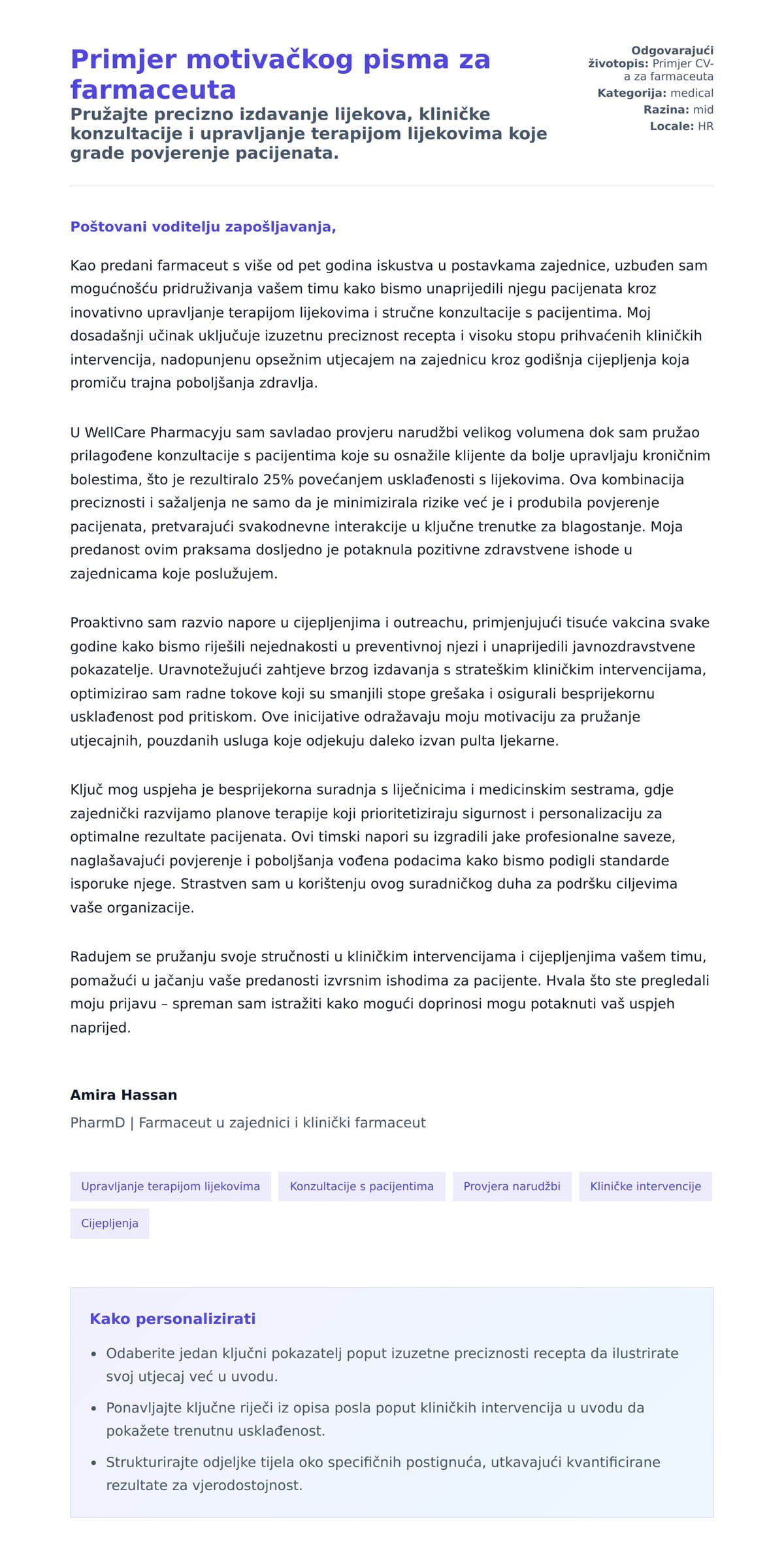 Pregled motivacijskog pisma za Primjer motivačkog pisma za farmaceuta