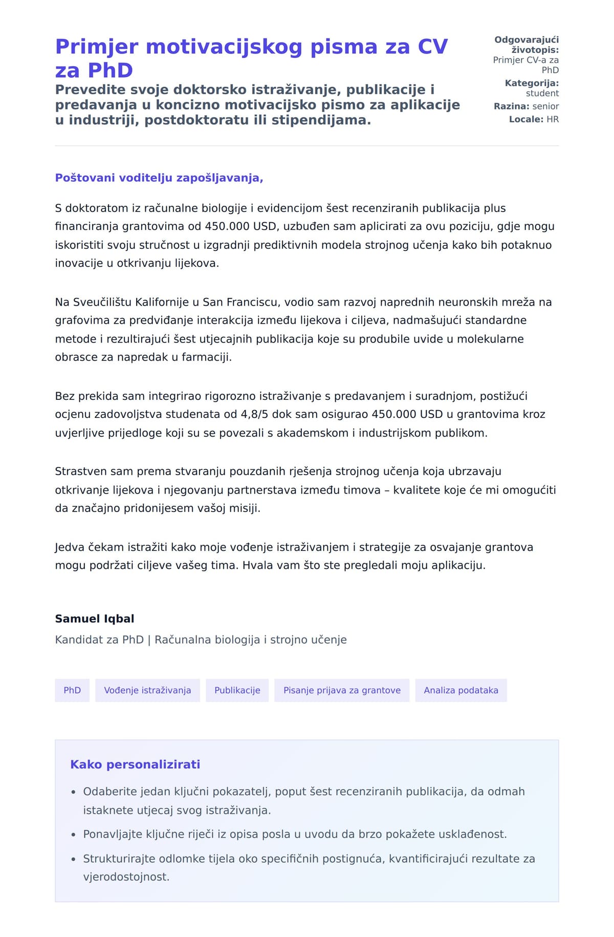 Pregled motivacijskog pisma za Primjer motivacijskog pisma za CV za PhD