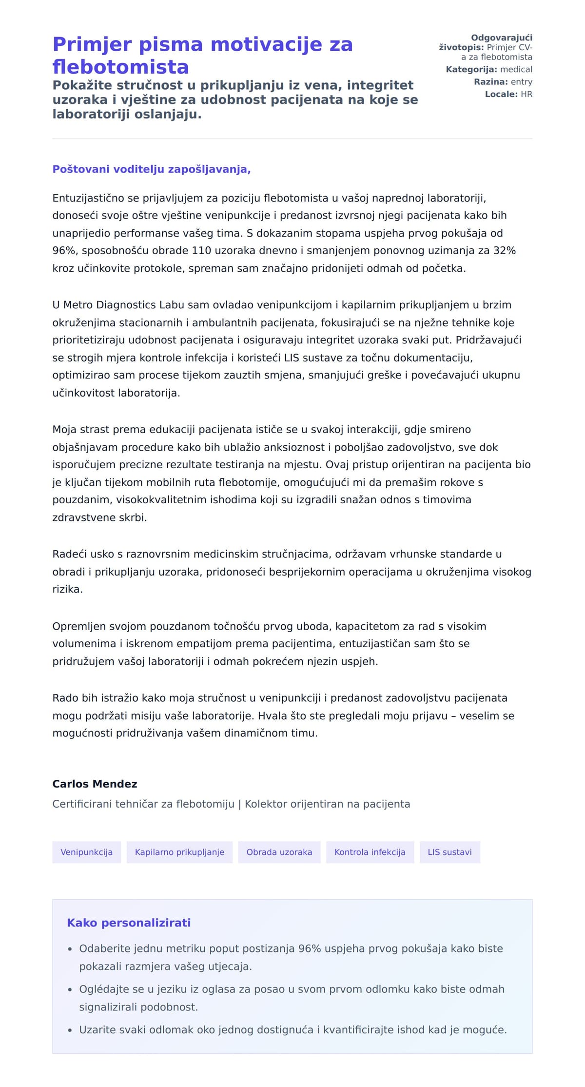 Pregled motivacijskog pisma za Primjer pisma motivacije za flebotomista