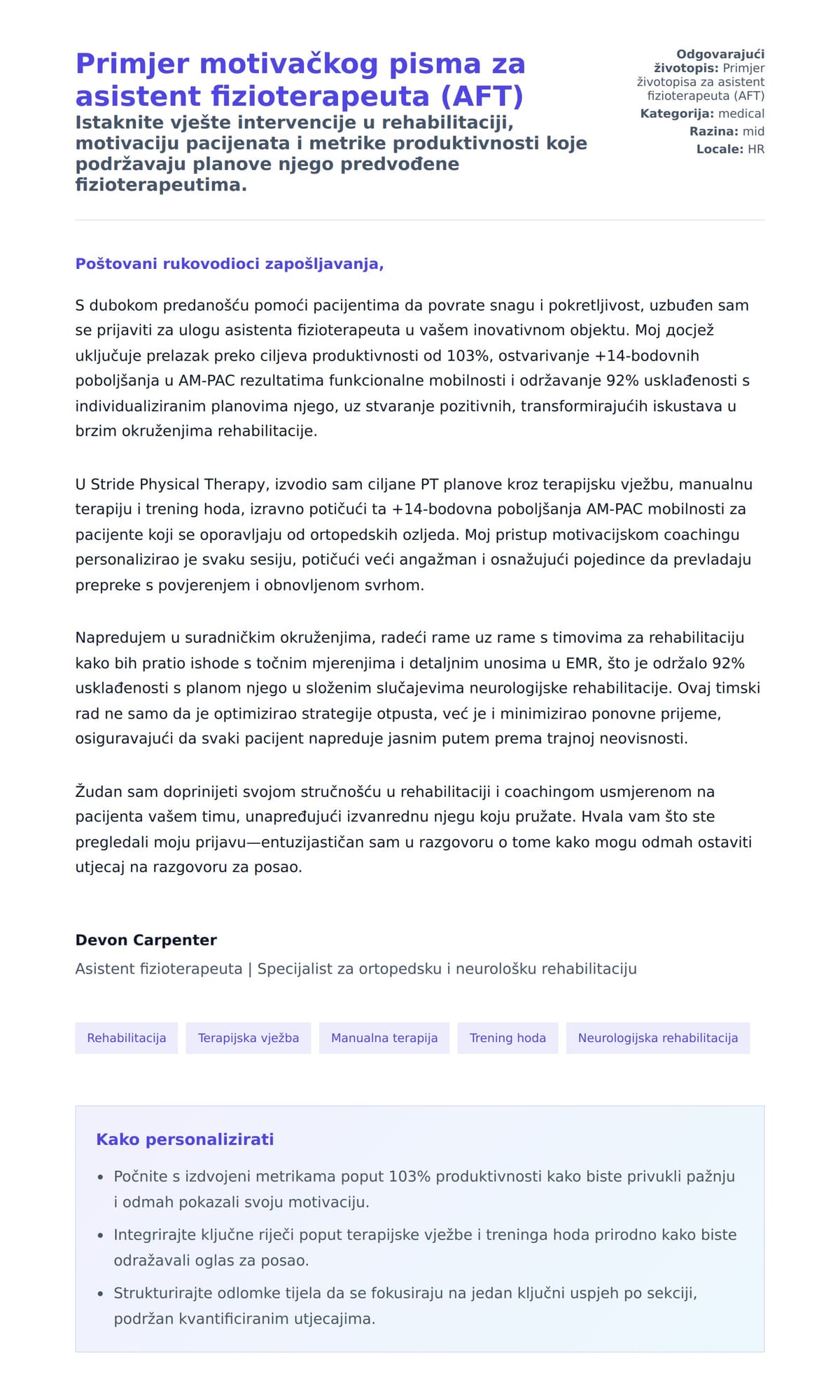Pregled motivacijskog pisma za Primjer motivačkog pisma za asistent fizioterapeuta (AFT)