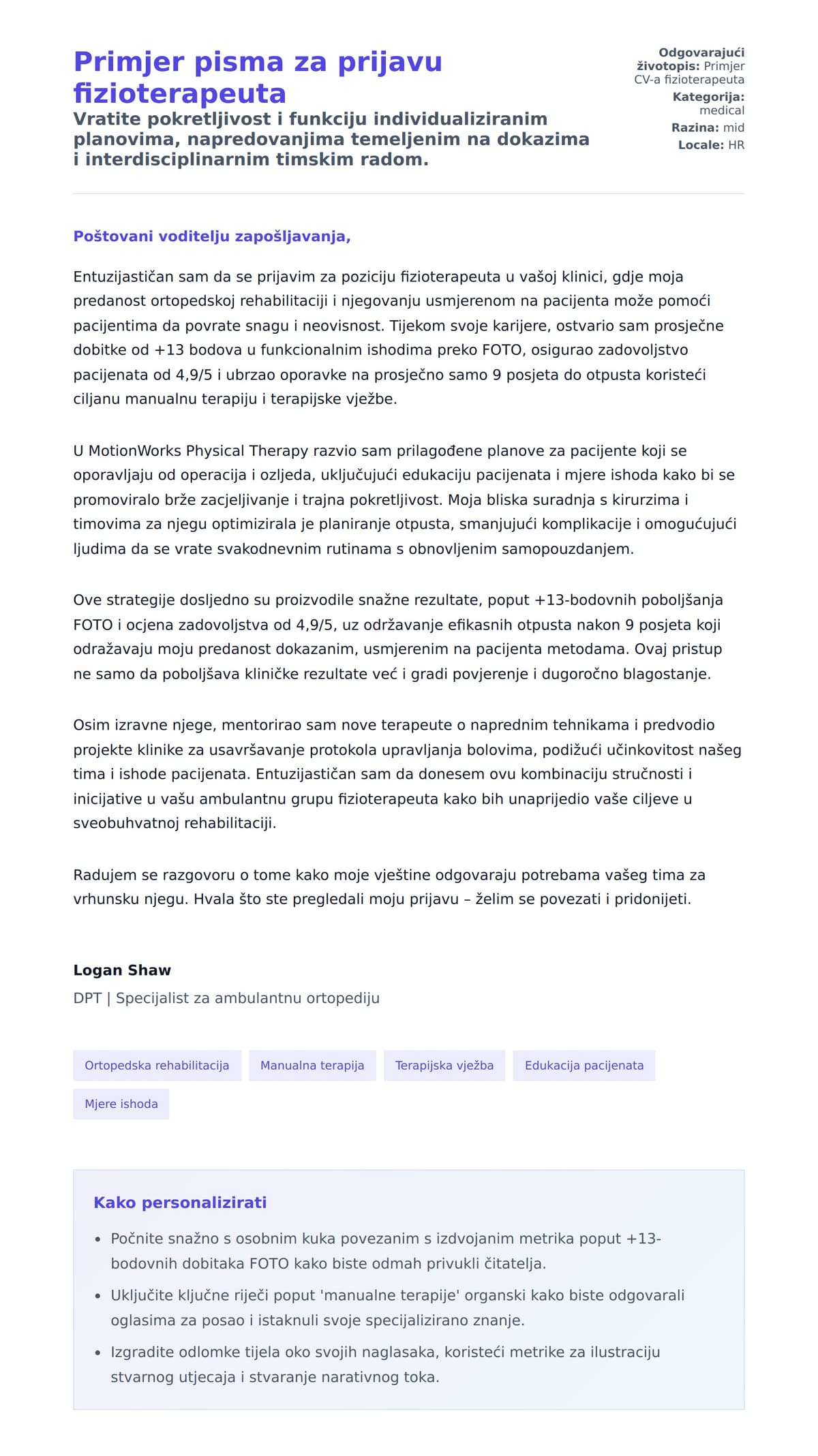 Pregled motivacijskog pisma za Primjer pisma za prijavu fizioterapeuta