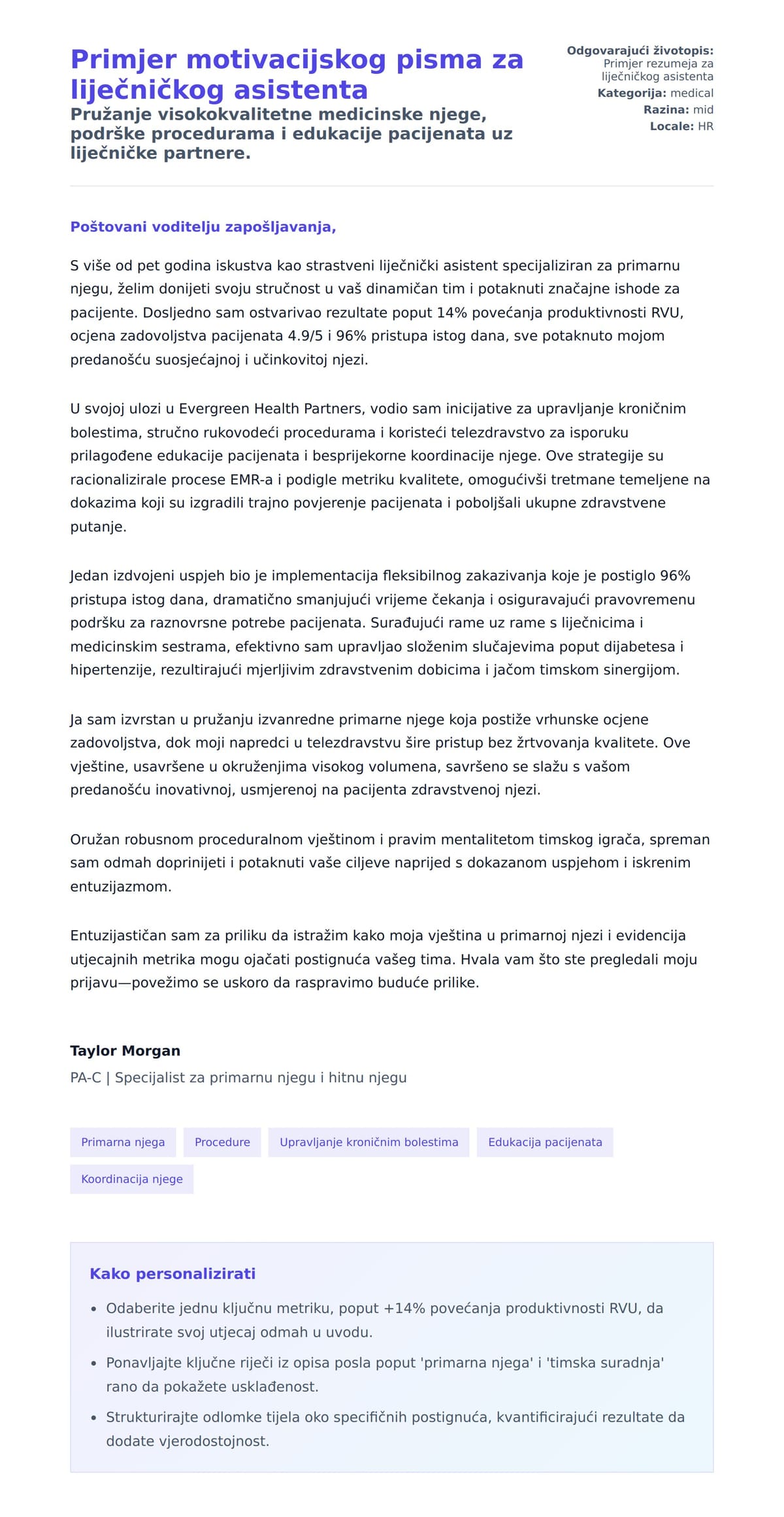 Pregled motivacijskog pisma za Primjer motivacijskog pisma za liječničkog asistenta