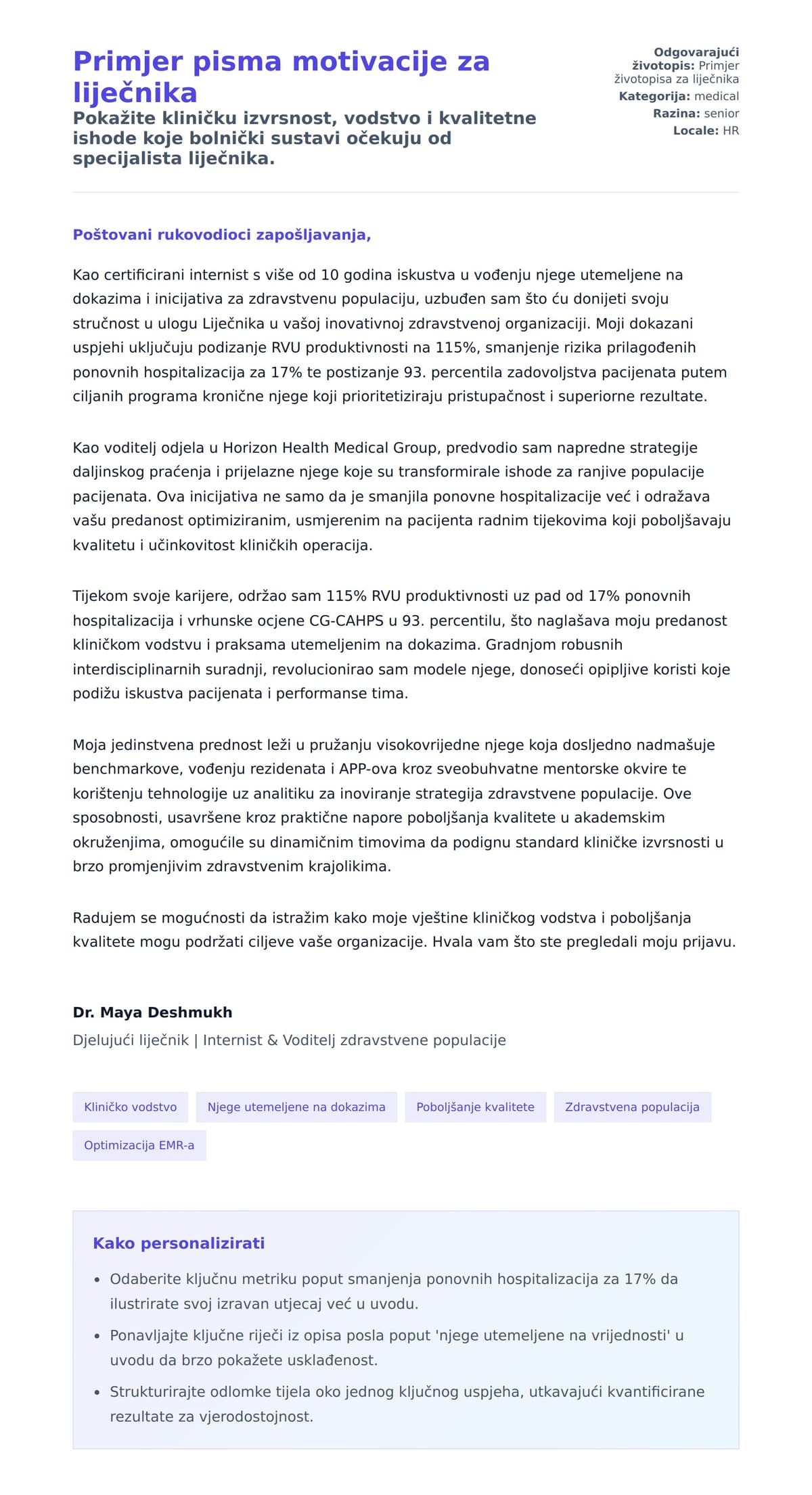Pregled motivacijskog pisma za Primjer pisma motivacije za liječnika