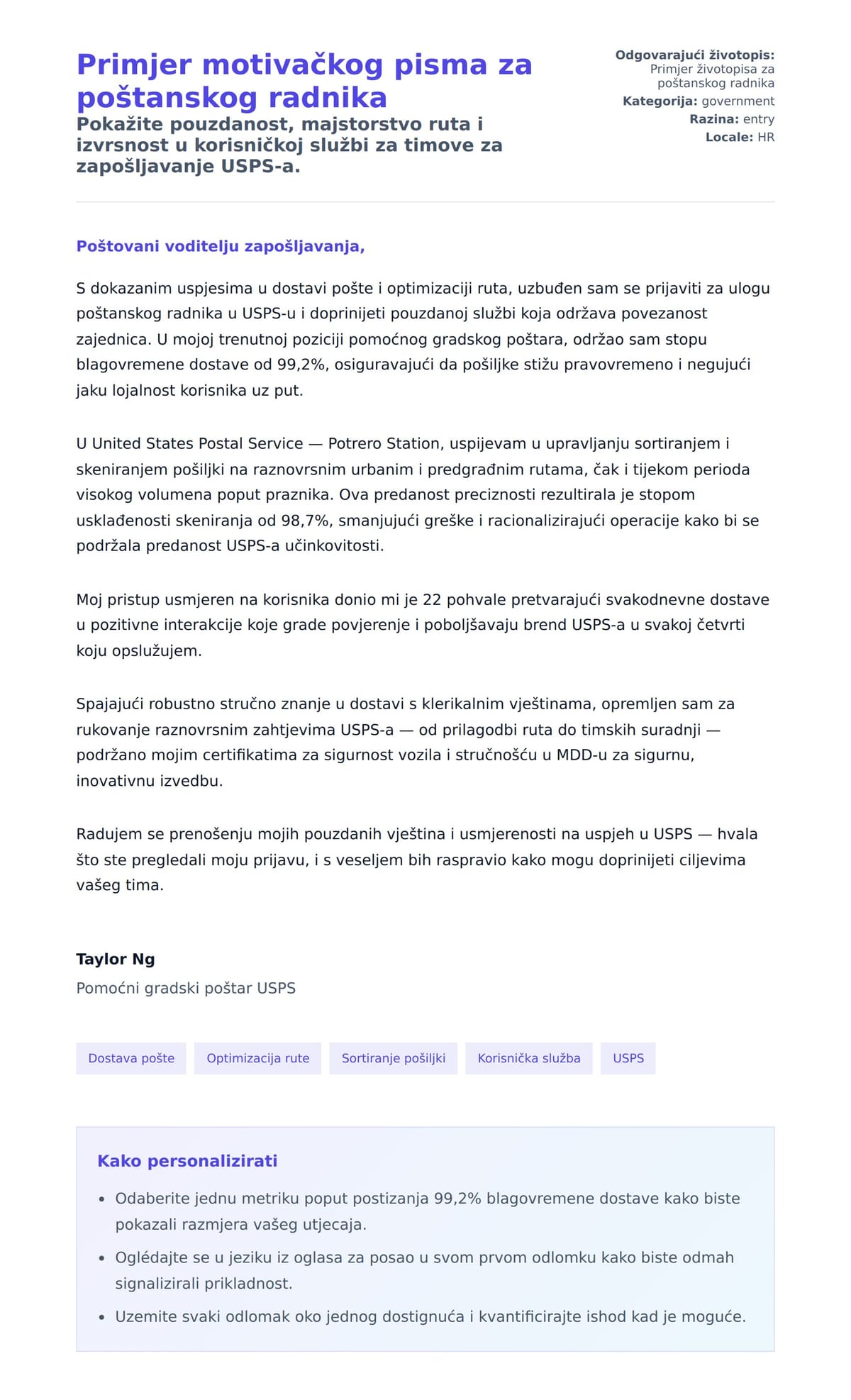 Pregled motivacijskog pisma za Primjer motivačkog pisma za poštanskog radnika