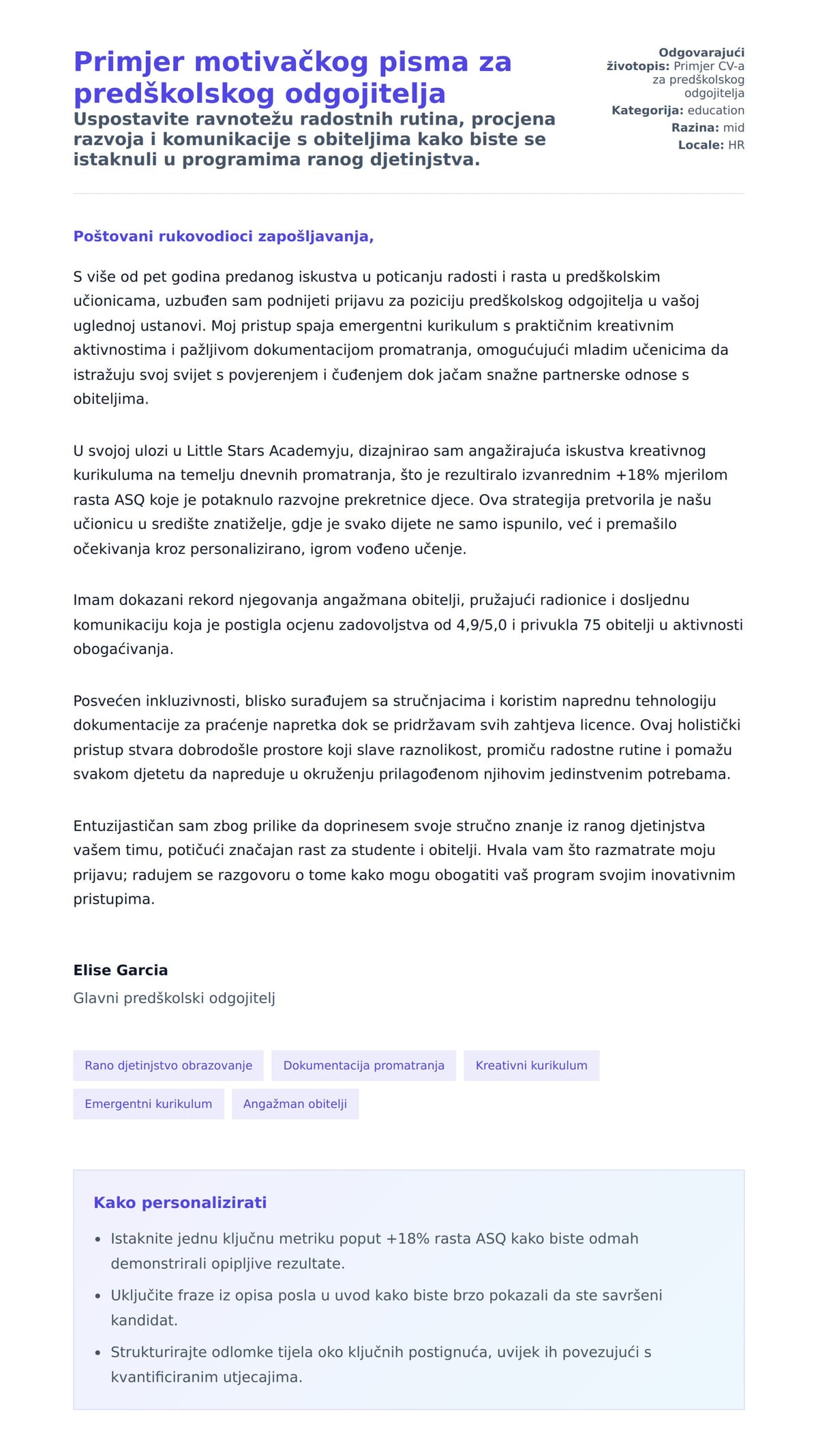 Pregled motivacijskog pisma za Primjer motivačkog pisma za predškolskog odgojitelja