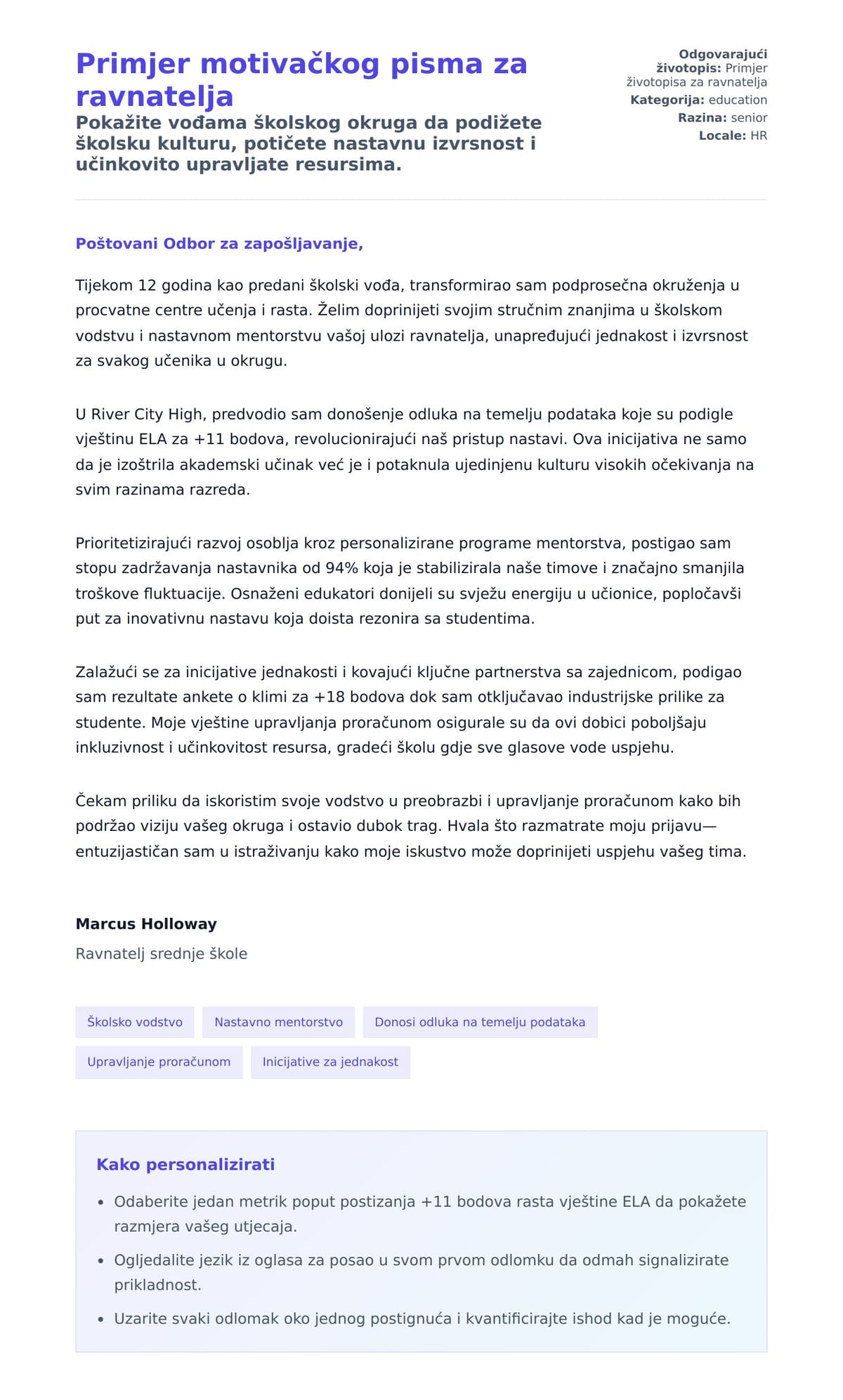 Pregled motivacijskog pisma za Primjer motivačkog pisma za ravnatelja