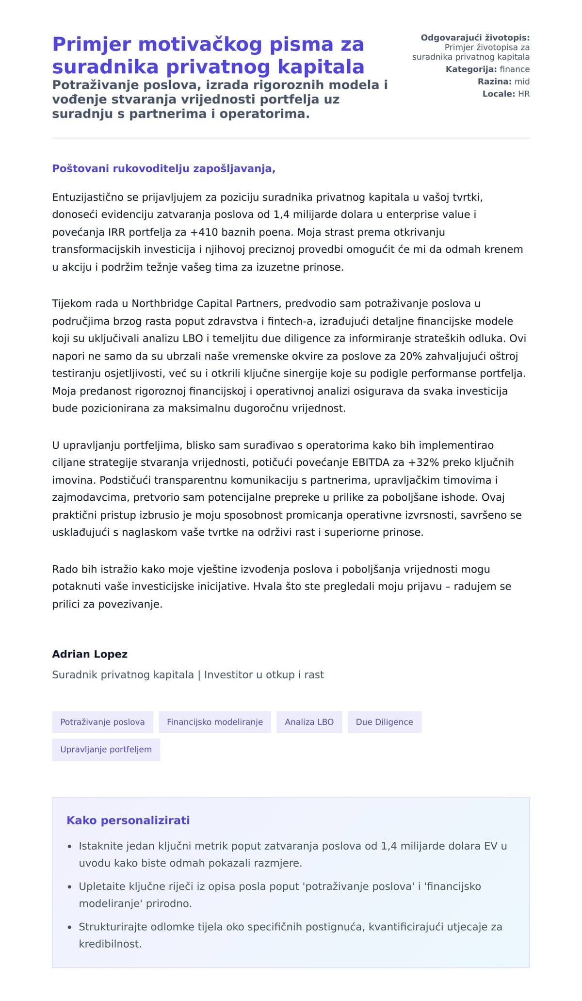 Pregled motivacijskog pisma za Primjer motivačkog pisma za suradnika privatnog kapitala