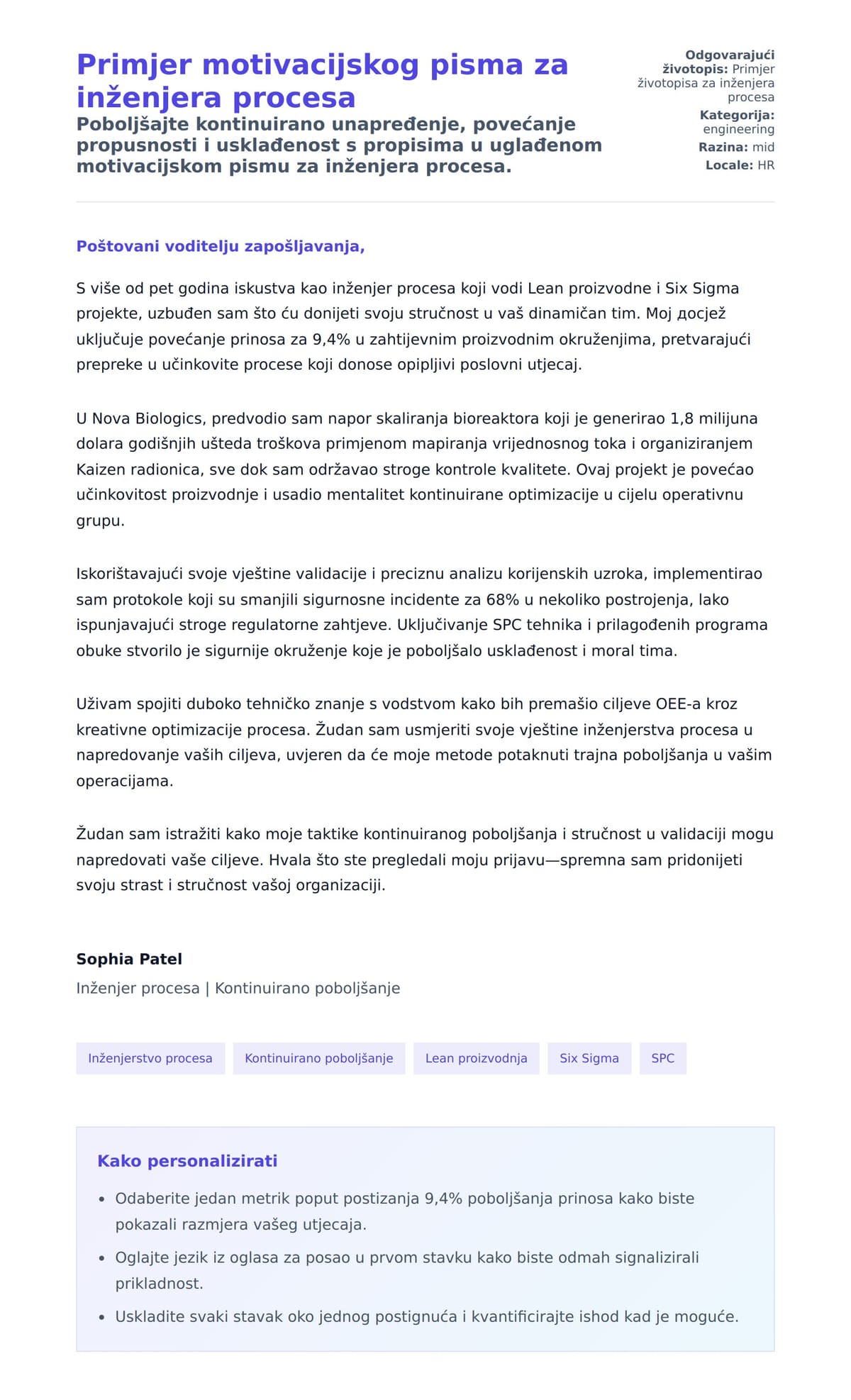 Pregled motivacijskog pisma za Primjer motivacijskog pisma za inženjera procesa