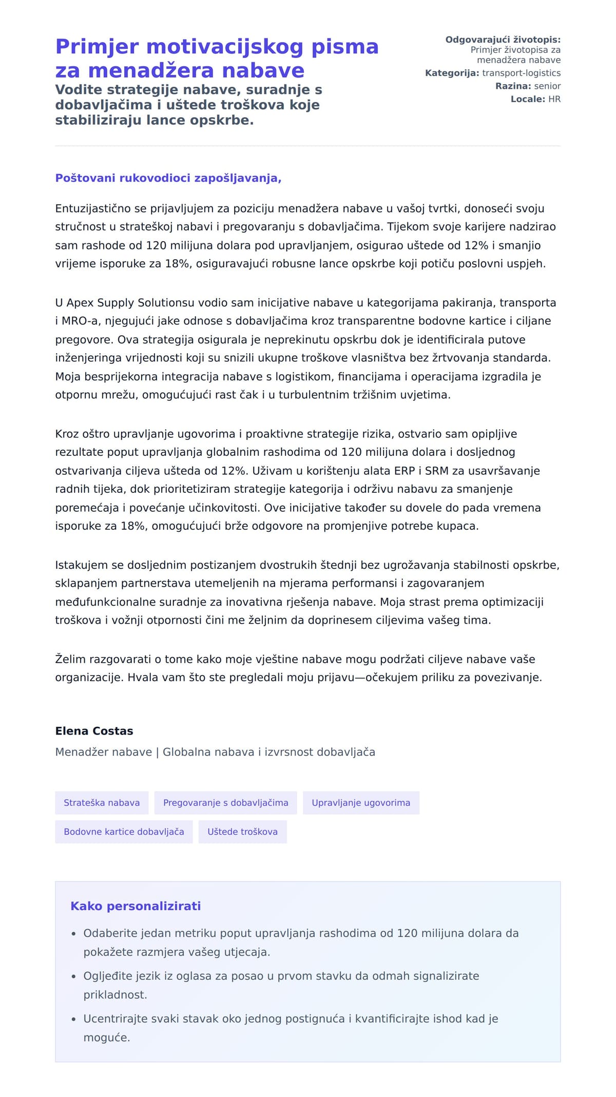Pregled motivacijskog pisma za Primjer motivacijskog pisma za menadžera nabave