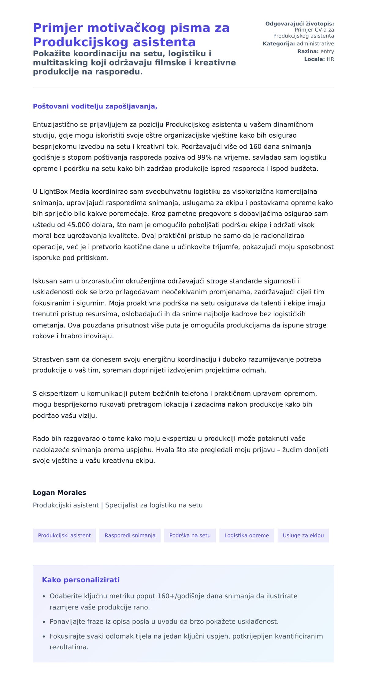 Pregled motivacijskog pisma za Primjer motivačkog pisma za Produkcijskog asistenta