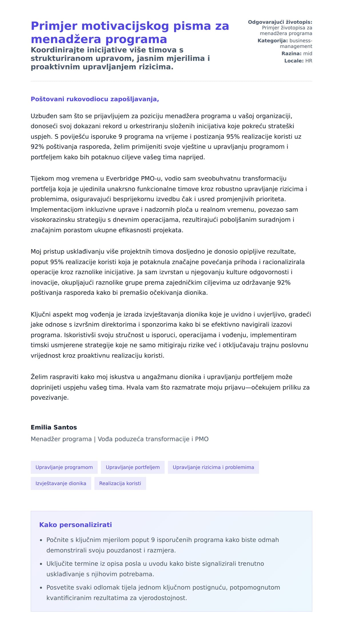 Pregled motivacijskog pisma za Primjer motivacijskog pisma za menadžera programa