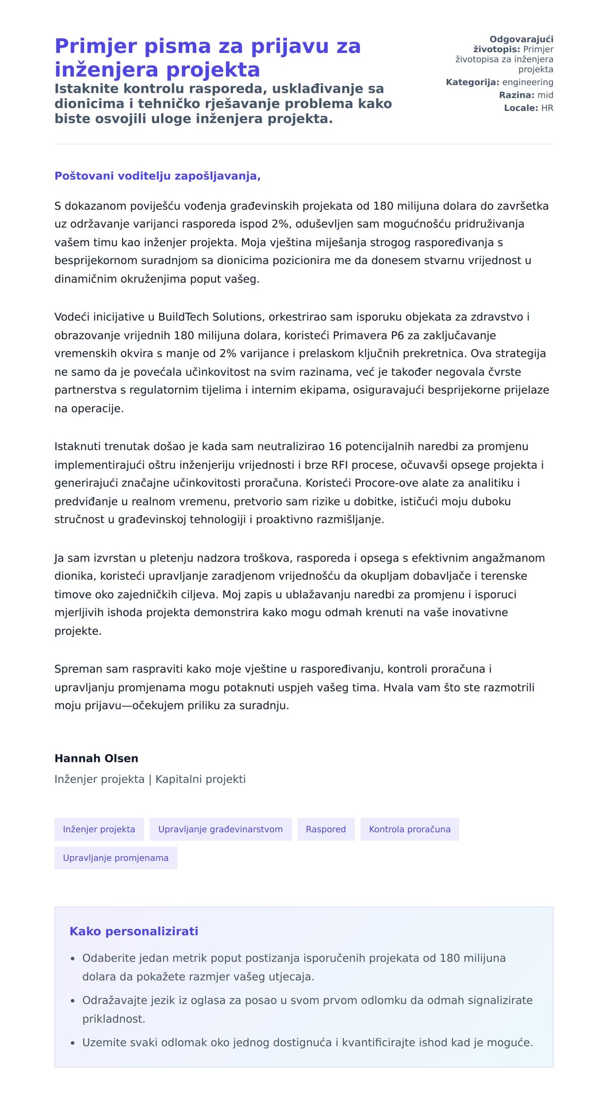 Pregled motivacijskog pisma za Primjer pisma za prijavu za inženjera projekta