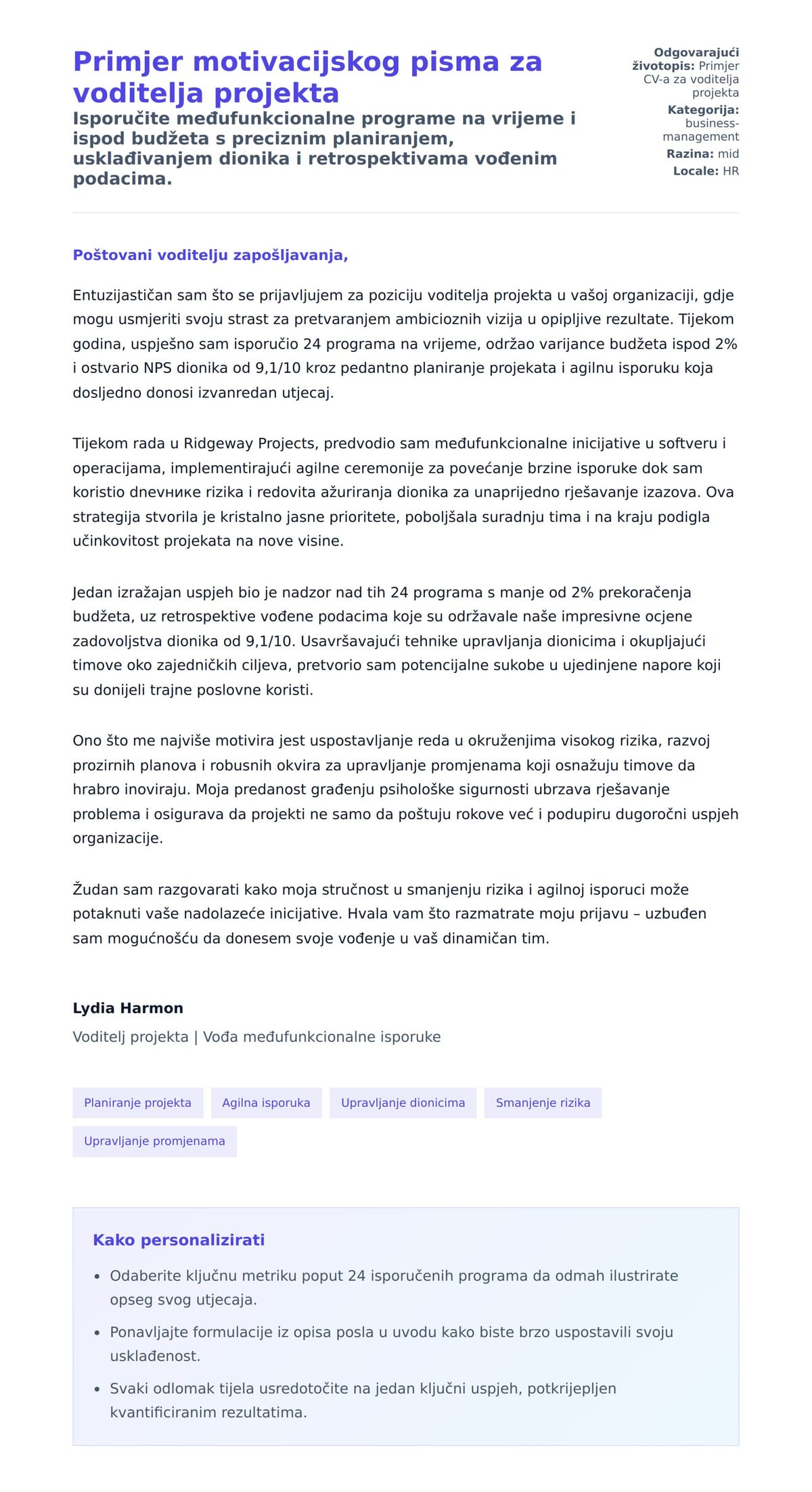Pregled motivacijskog pisma za Primjer motivacijskog pisma za voditelja projekta