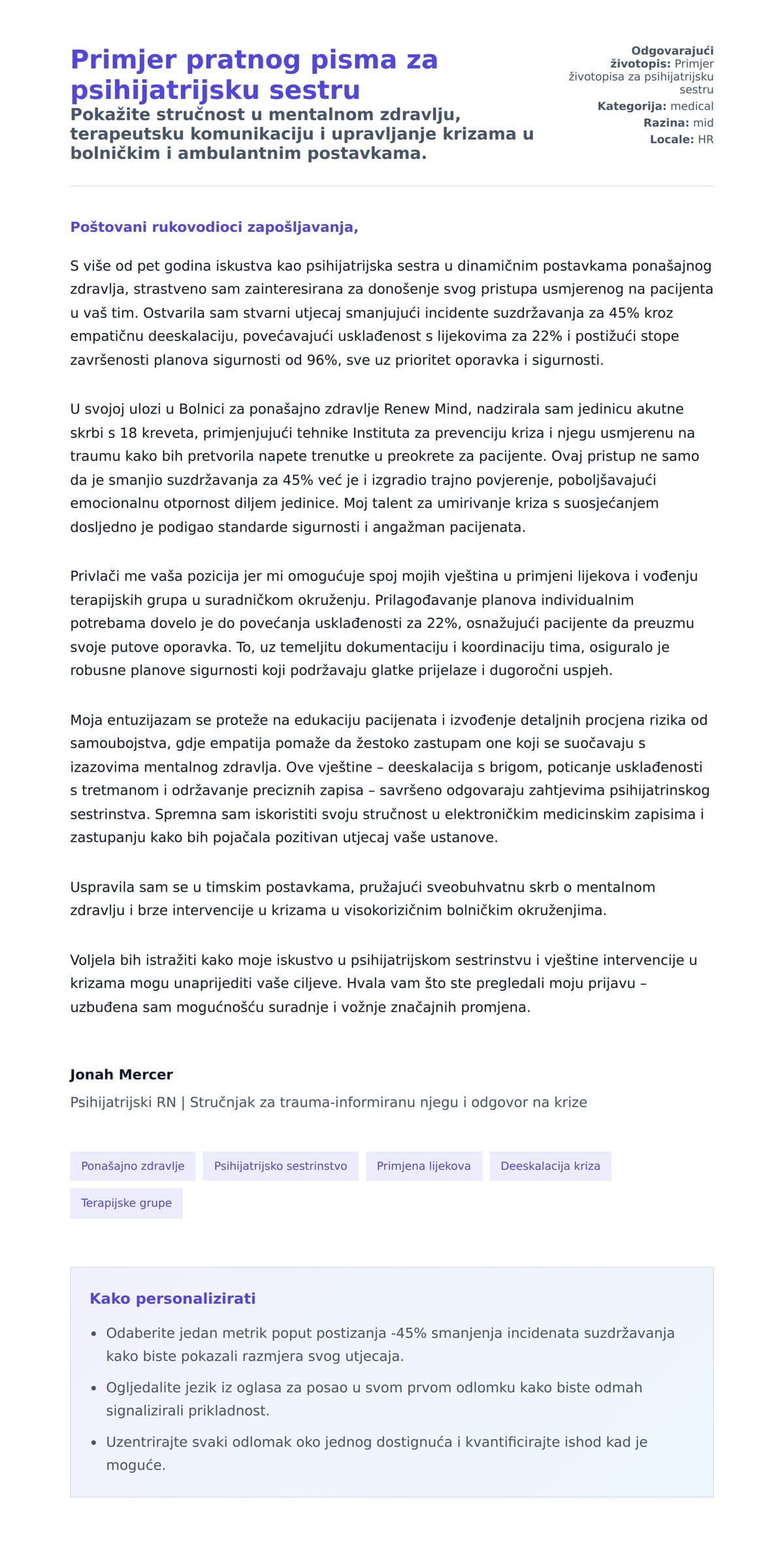 Pregled motivacijskog pisma za Primjer pratnog pisma za psihijatrijsku sestru
