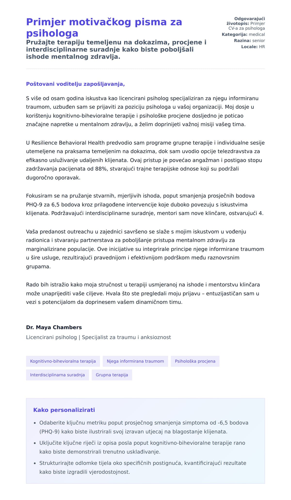 Pregled motivacijskog pisma za Primjer motivačkog pisma za psihologa