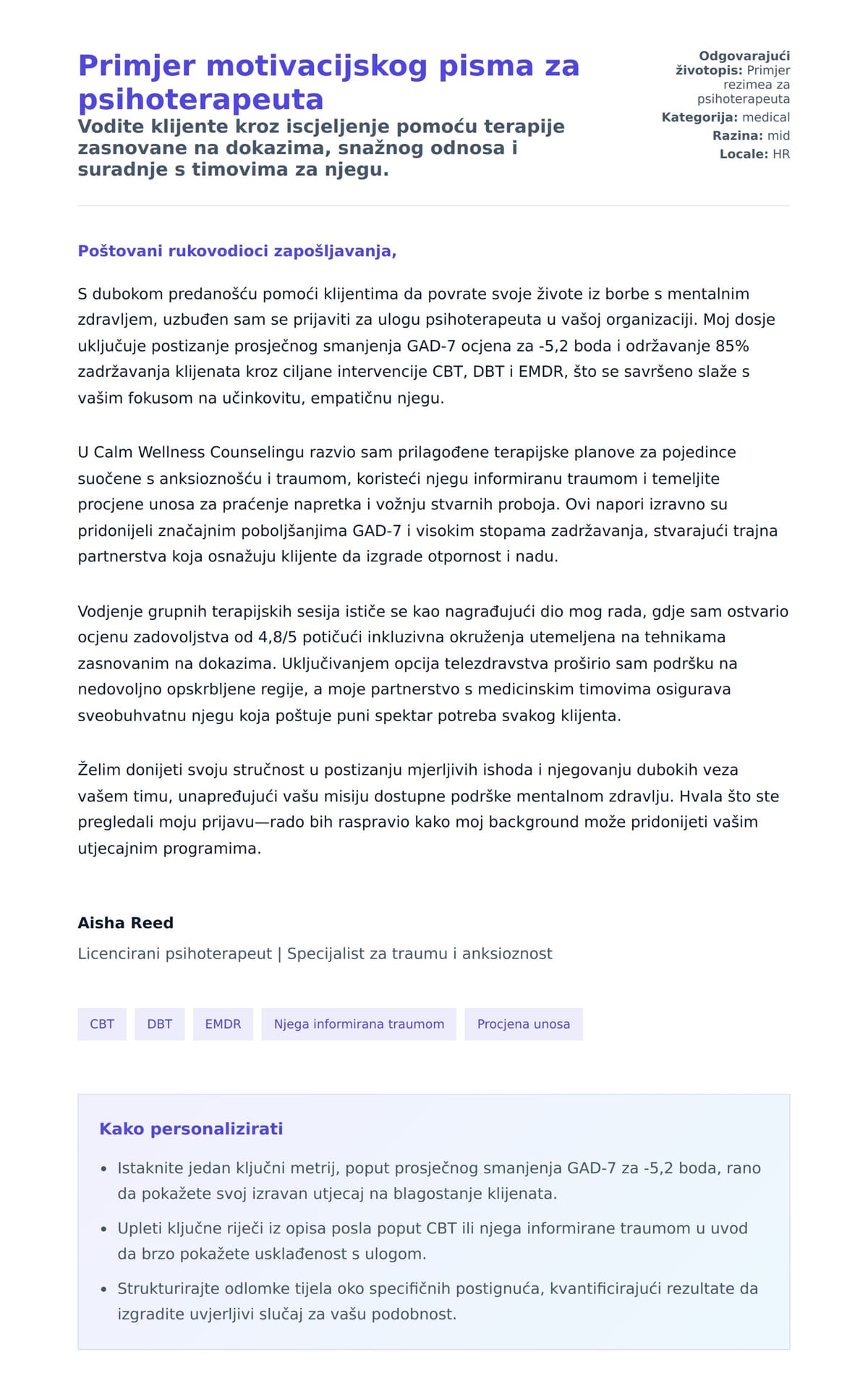Pregled motivacijskog pisma za Primjer motivacijskog pisma za psihoterapeuta